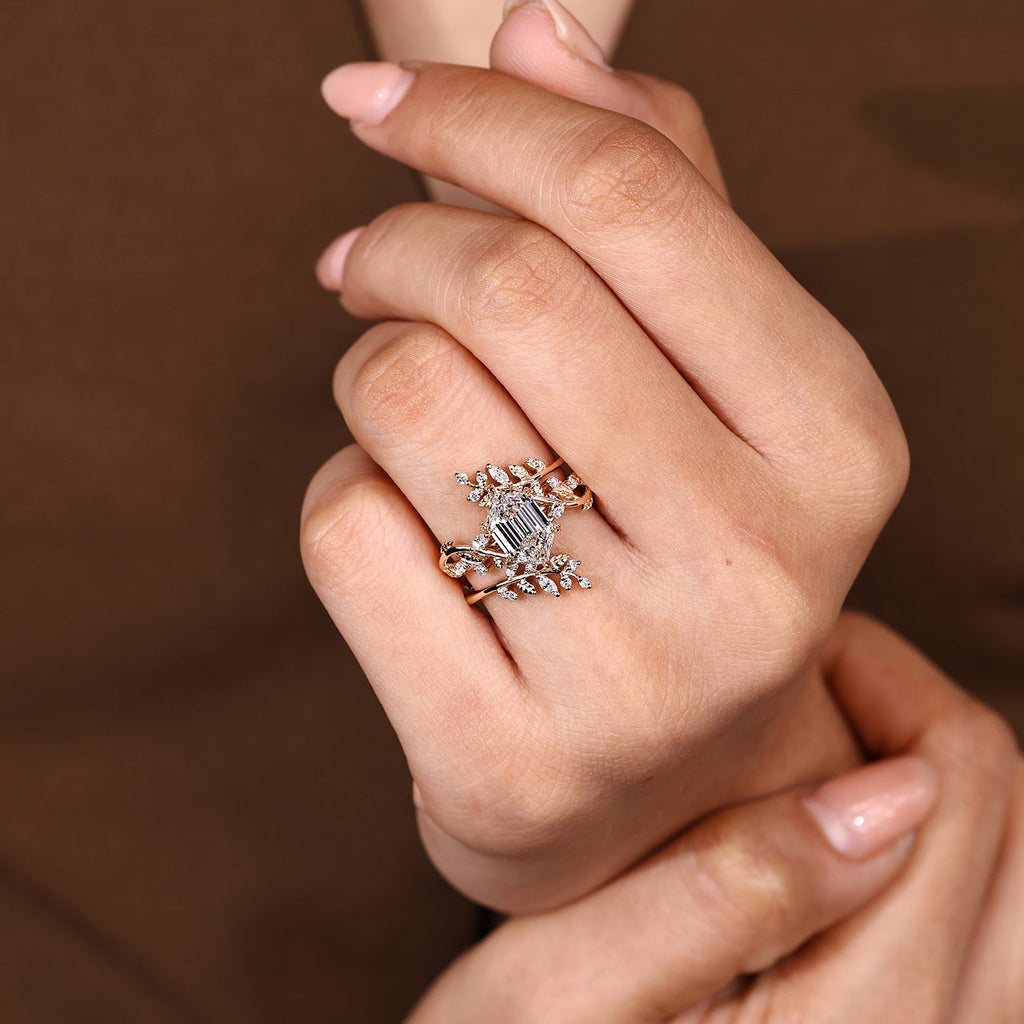 Hexagon Step Engagement Ring With Wedding Band In Nature Inspired