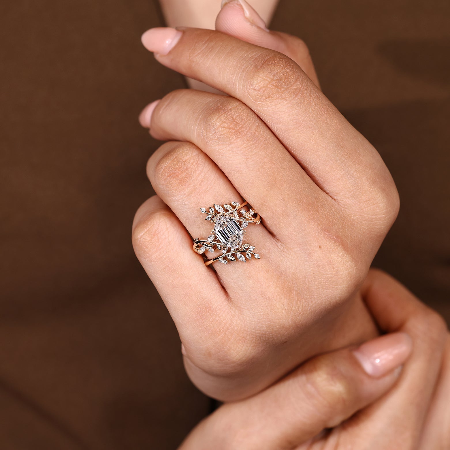 Hexagon Step Engagement Ring With Wedding Band In Nature Inspired