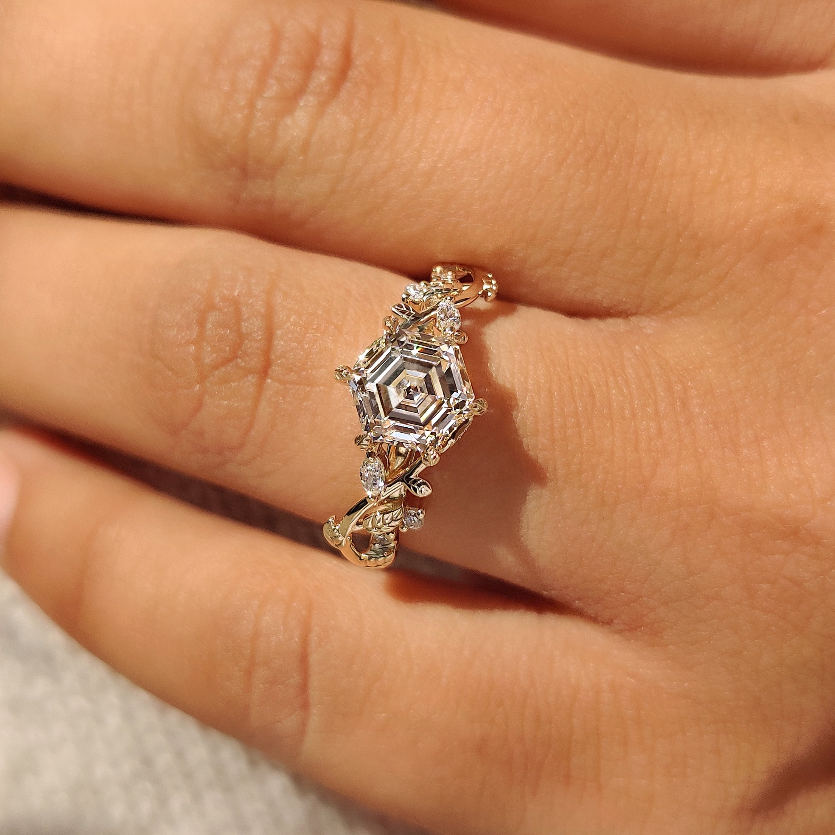Nature Inspired Hexagon Cut Engagement Ring in Cluster Setting