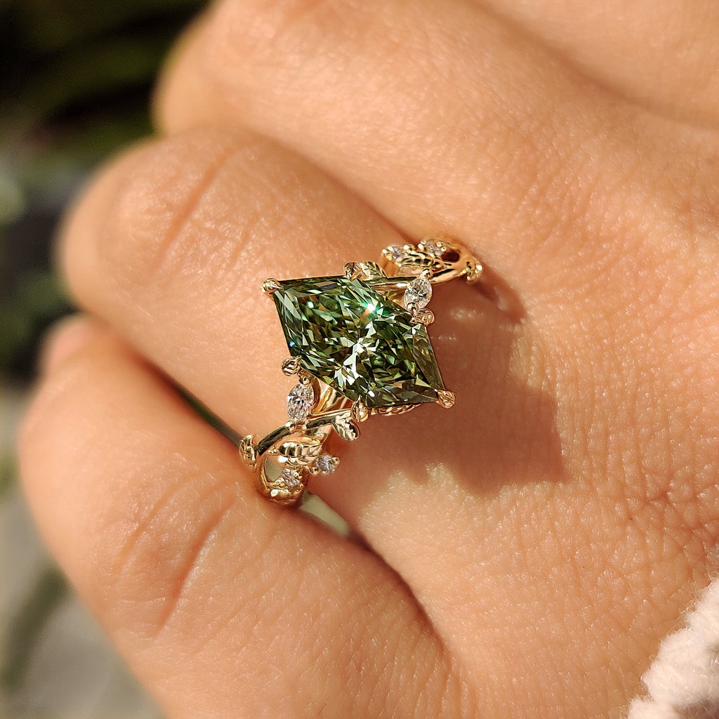 Green Dutch Marquise Engagement Ring in Leaf Details