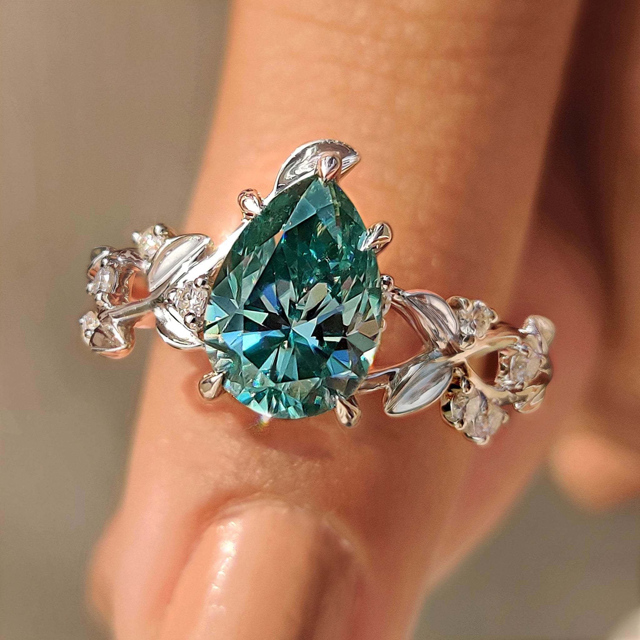Cyan Blue Moissanite Pear Nature inspired Ring with Leaf Design Main image
