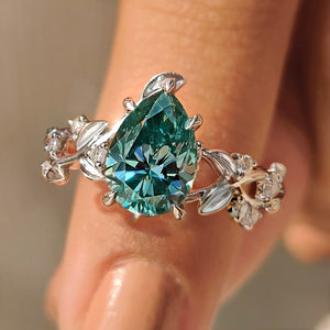 Cyan Blue Moissanite Pear Nature inspired Ring with Leaf Design