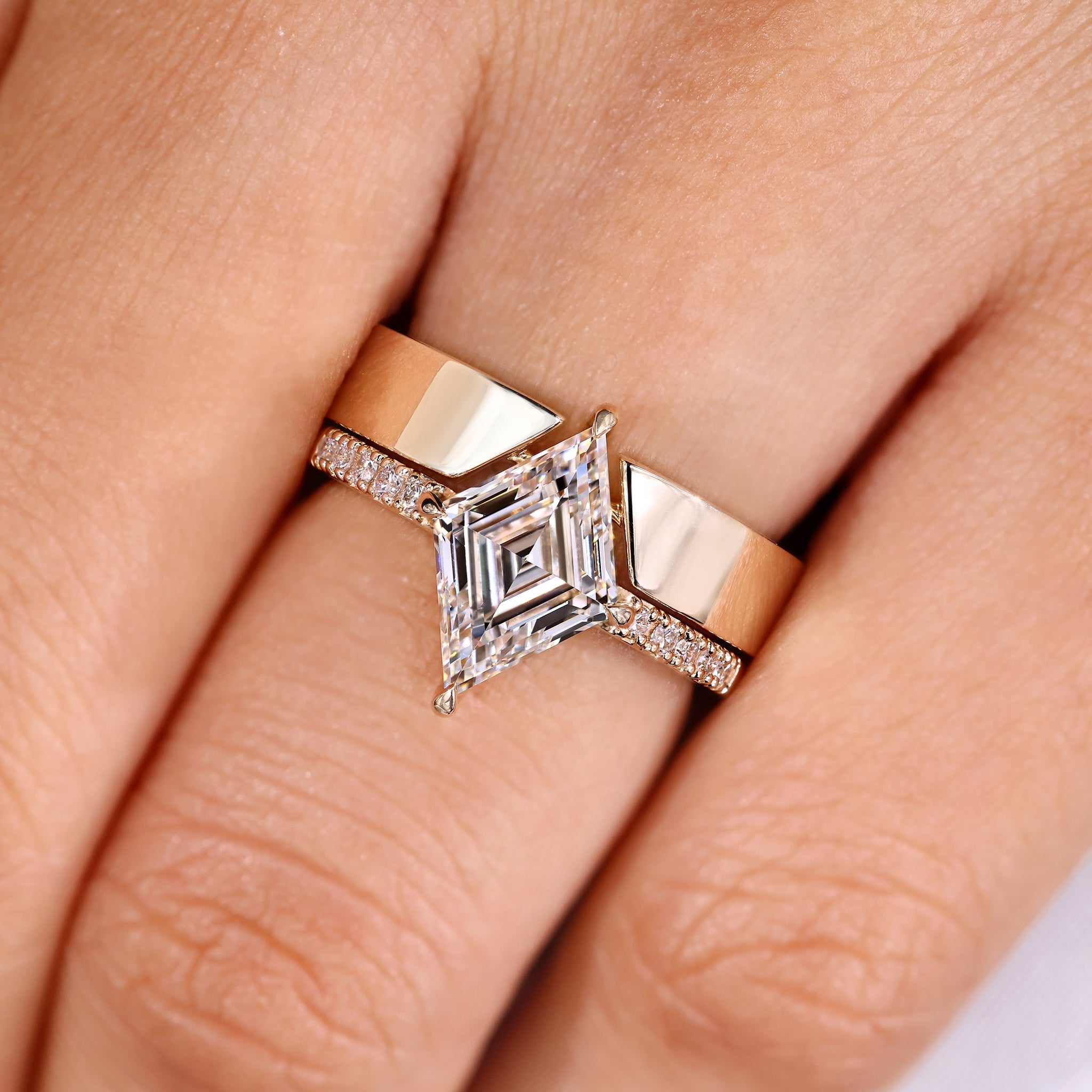 Lozenge Cut Pave Engagement Ring with Stackable Wedding Band