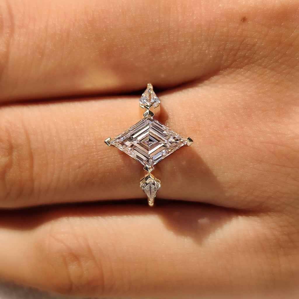 Lozenge Cut Engagement Ring with Kite Cut Side Stone