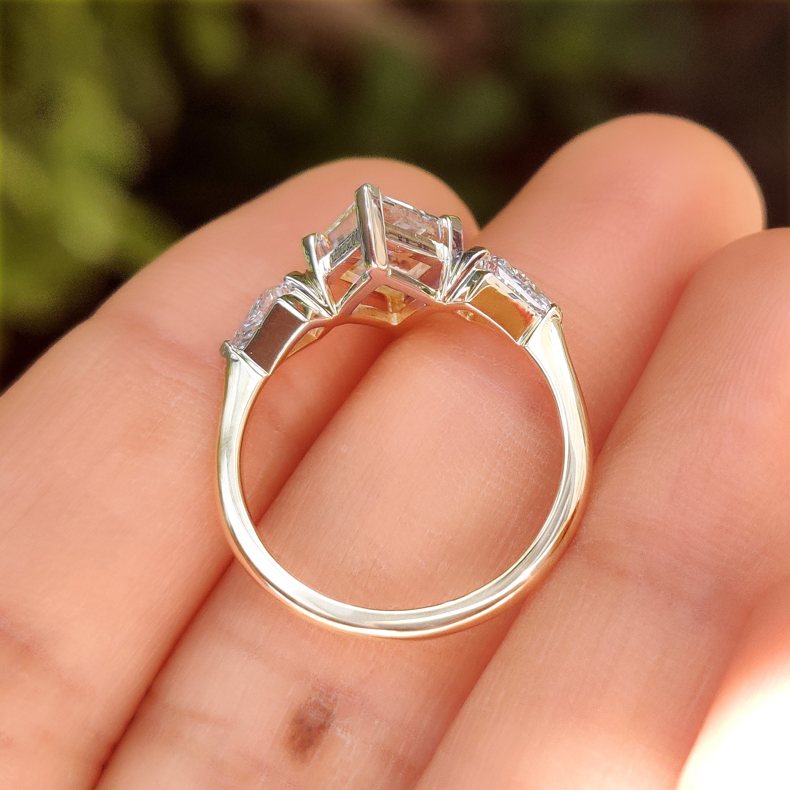 Lozenge Cut Engagement Ring with Kite Cut Side Stone
