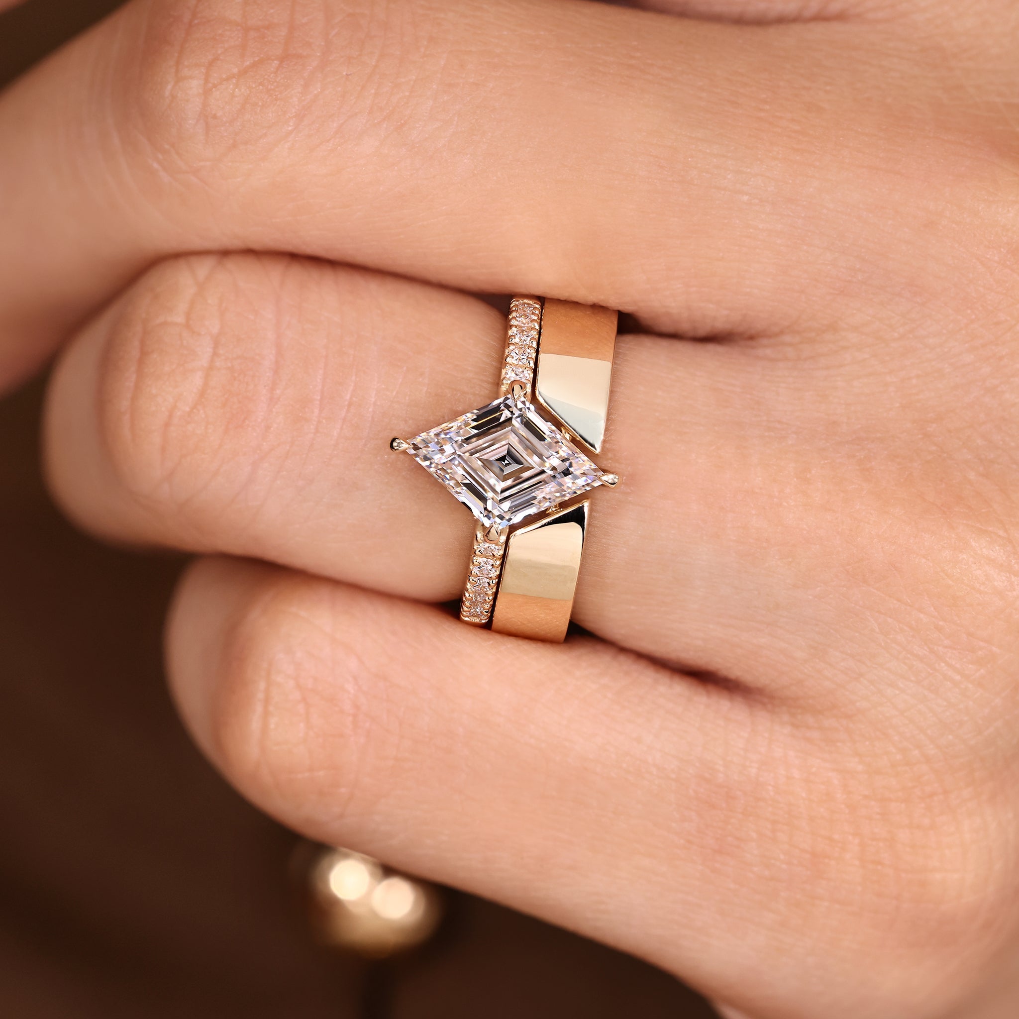 Lozenge Cut Pave Engagement Ring with Stackable Wedding Band