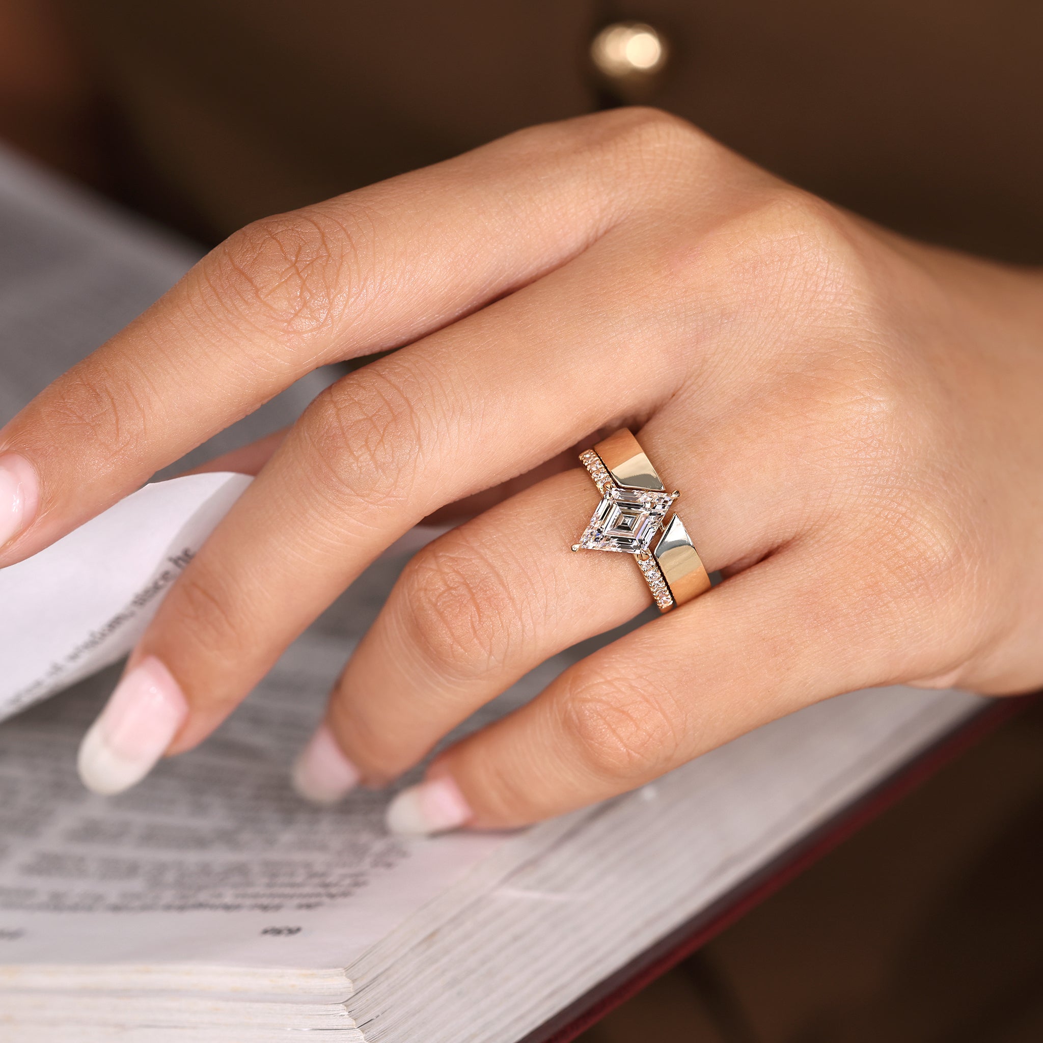 Lozenge Cut Pave Engagement Ring with Stackable Wedding Band