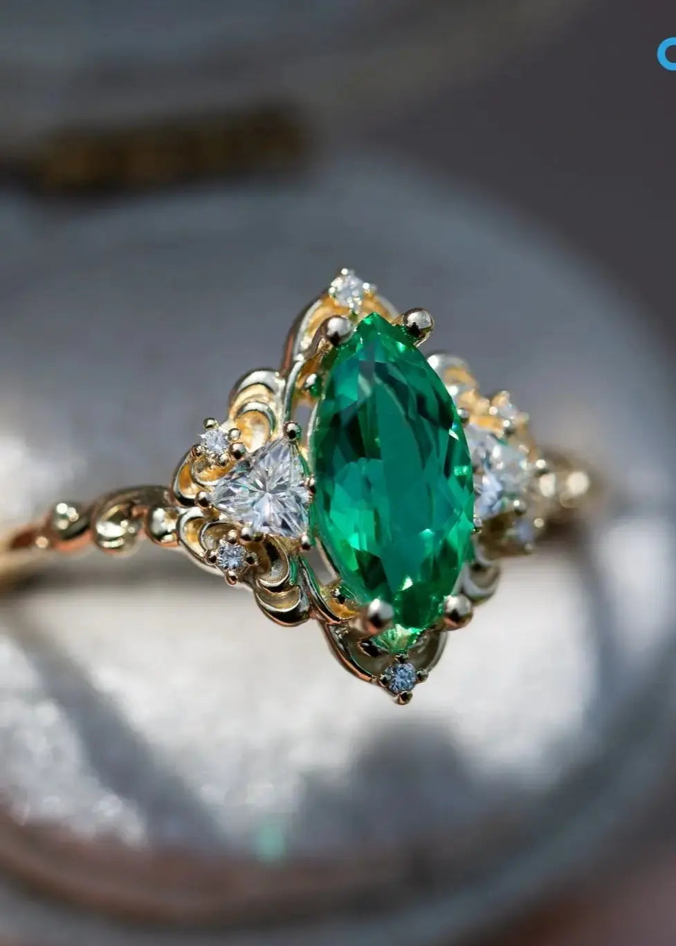 Marquise Cut Green Lab Grown Three stone Wedding Ring Secondary image