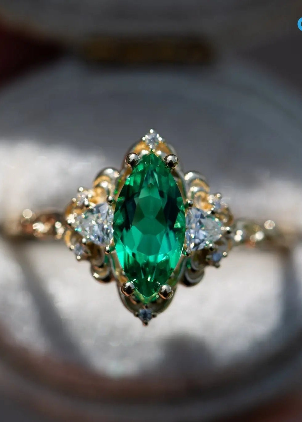Marquise Cut Green Lab Grown Three stone Wedding Ring - DisneyValley Main image