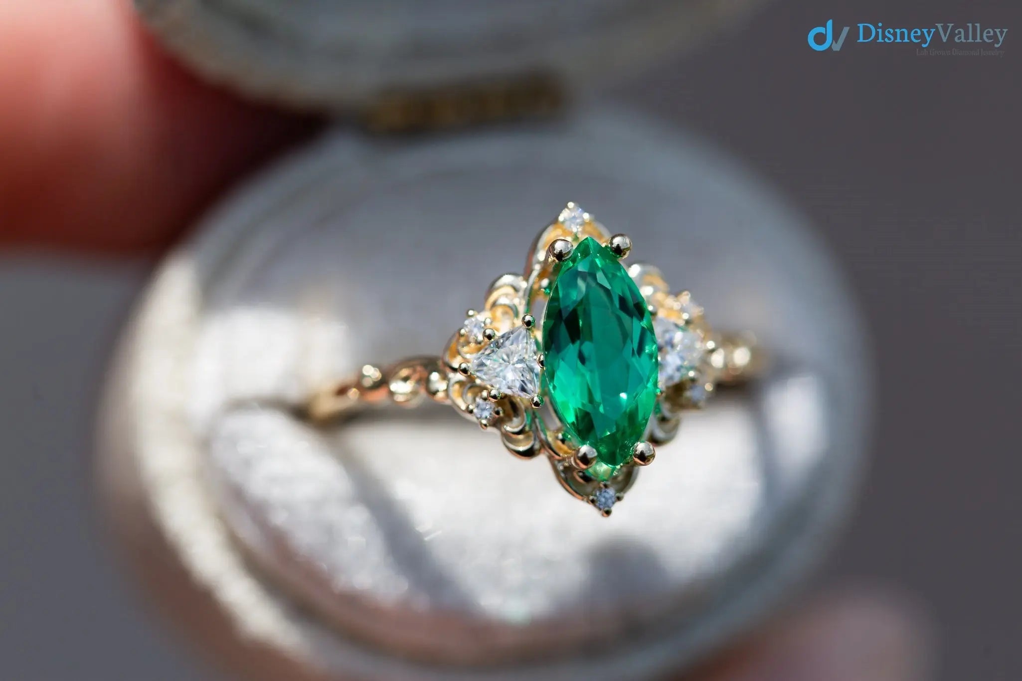 Marquise Cut Green Lab Grown Three stone Wedding Ring - DisneyValley