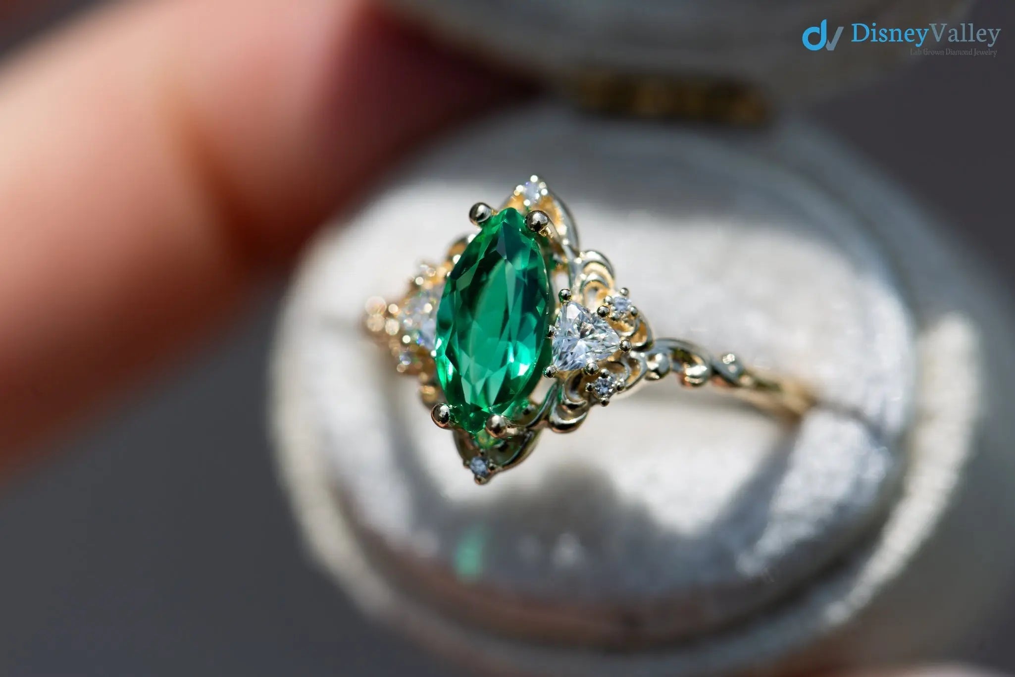 Marquise Cut Green Lab Grown Three stone Wedding Ring - DisneyValley