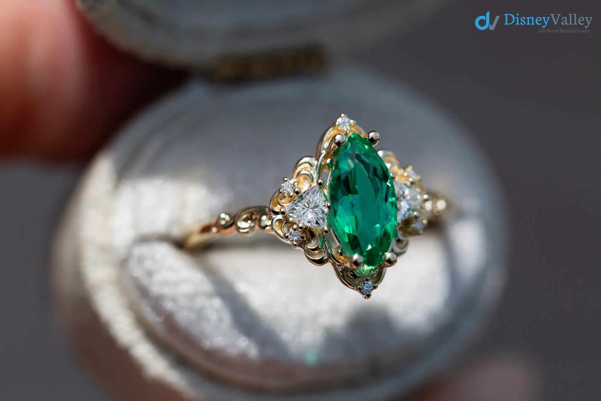 Marquise Cut Green Lab Grown Three stone Wedding Ring - DisneyValley