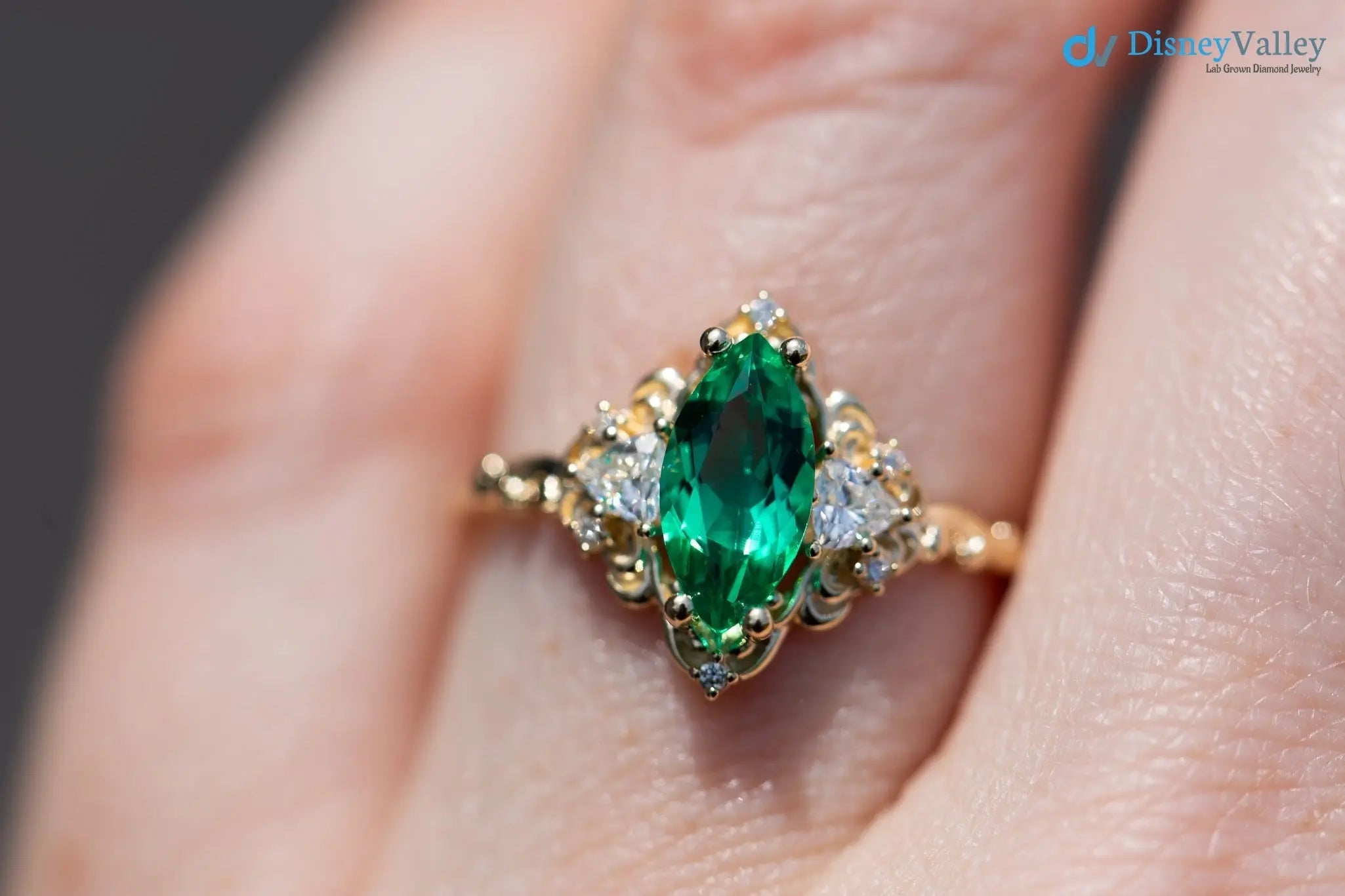 Marquise Cut Green Lab Grown Three stone Wedding Ring - DisneyValley