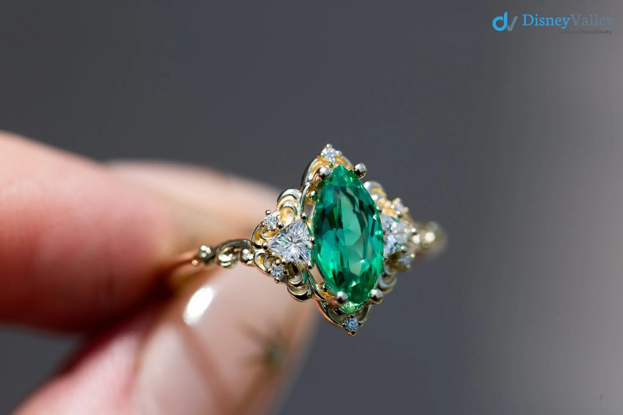 Marquise Cut Green Lab Grown Three stone Wedding Ring - DisneyValley