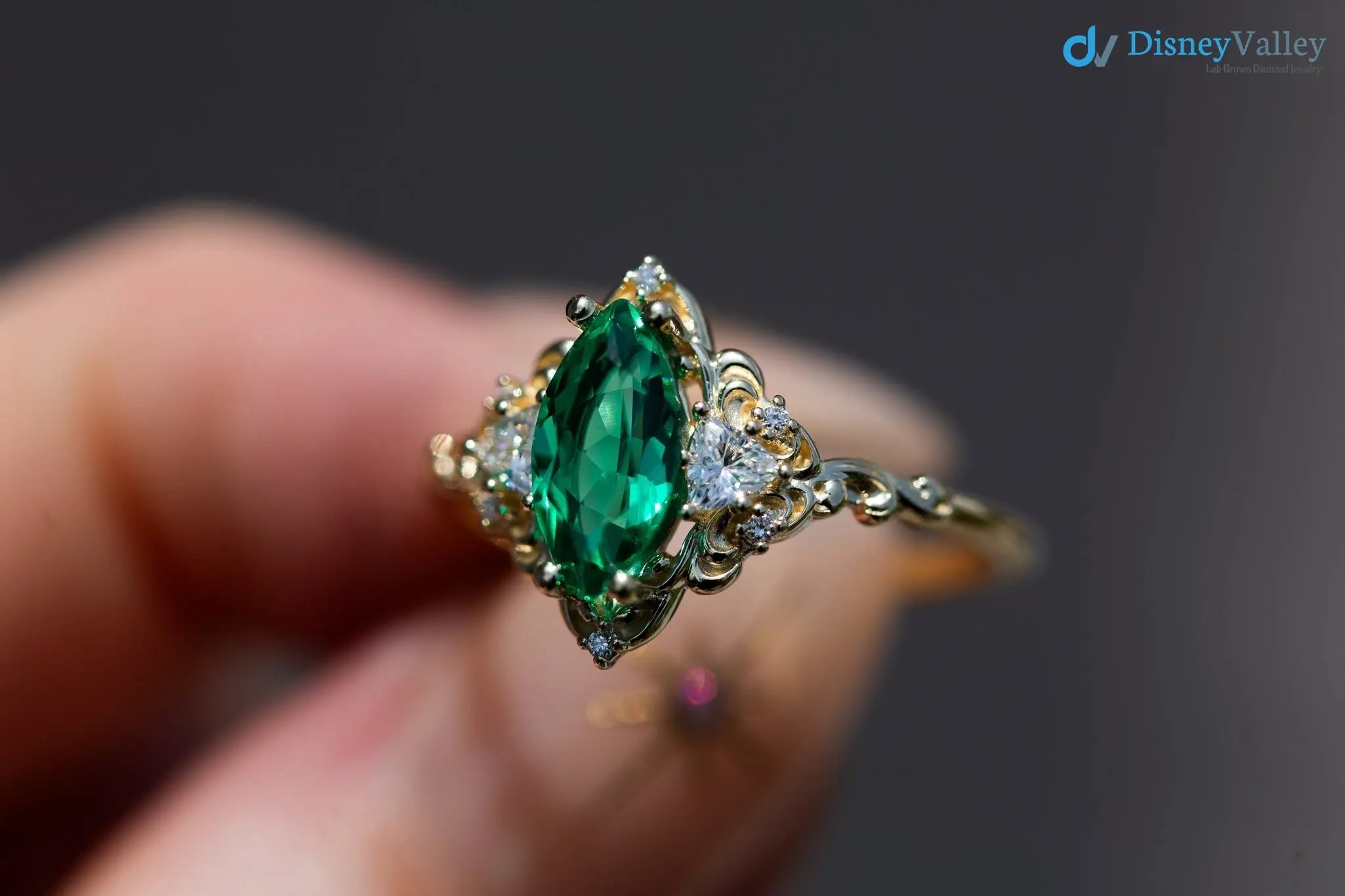 Marquise Cut Green Lab Grown Three stone Wedding Ring - DisneyValley