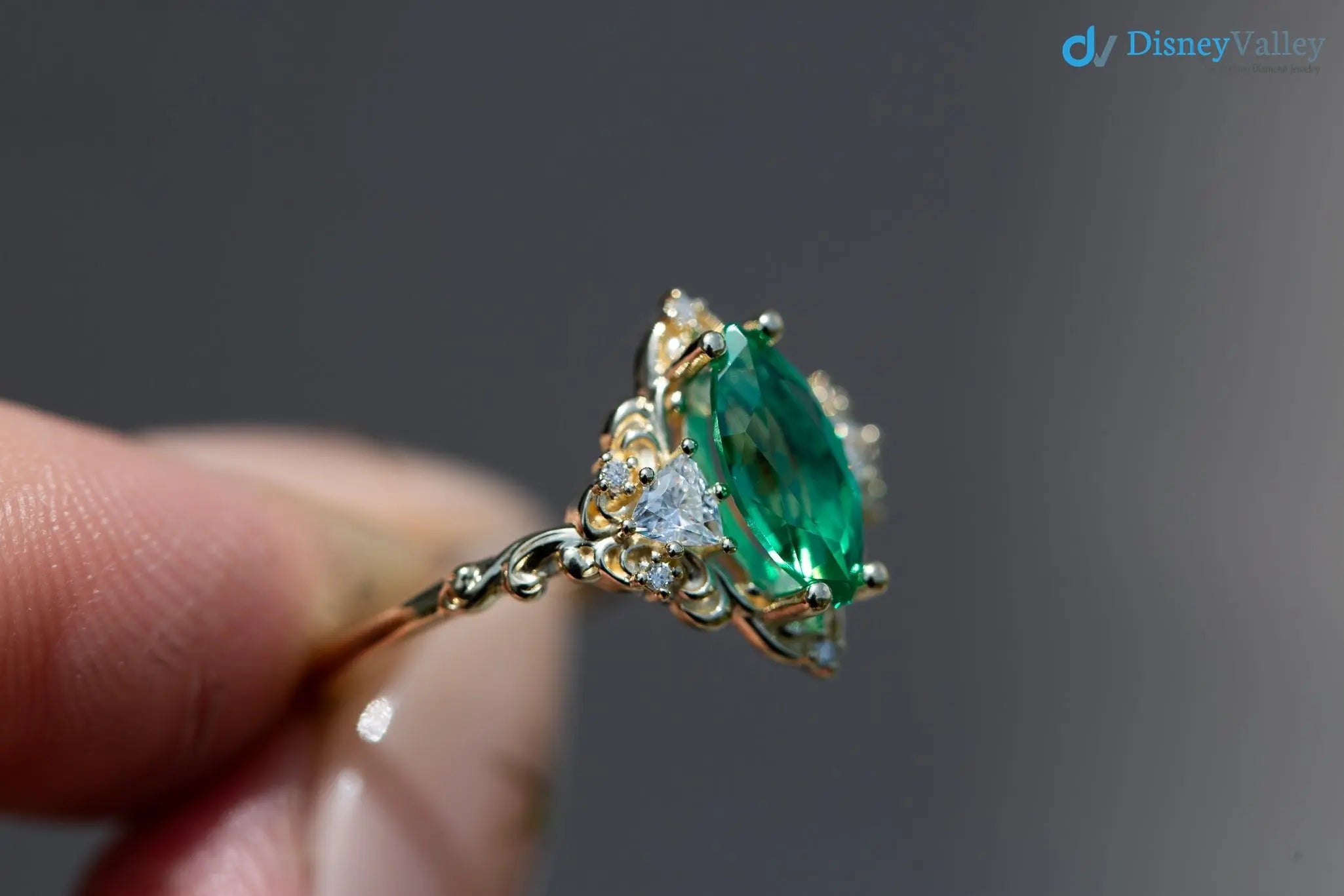 Marquise Cut Green Lab Grown Three stone Wedding Ring - DisneyValley