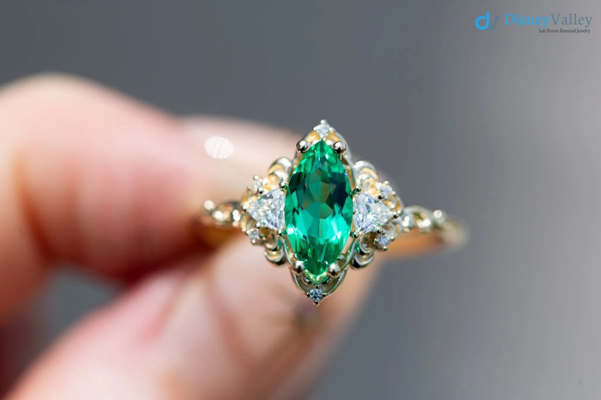 Marquise Cut Green Lab Grown Three stone Wedding Ring - DisneyValley
