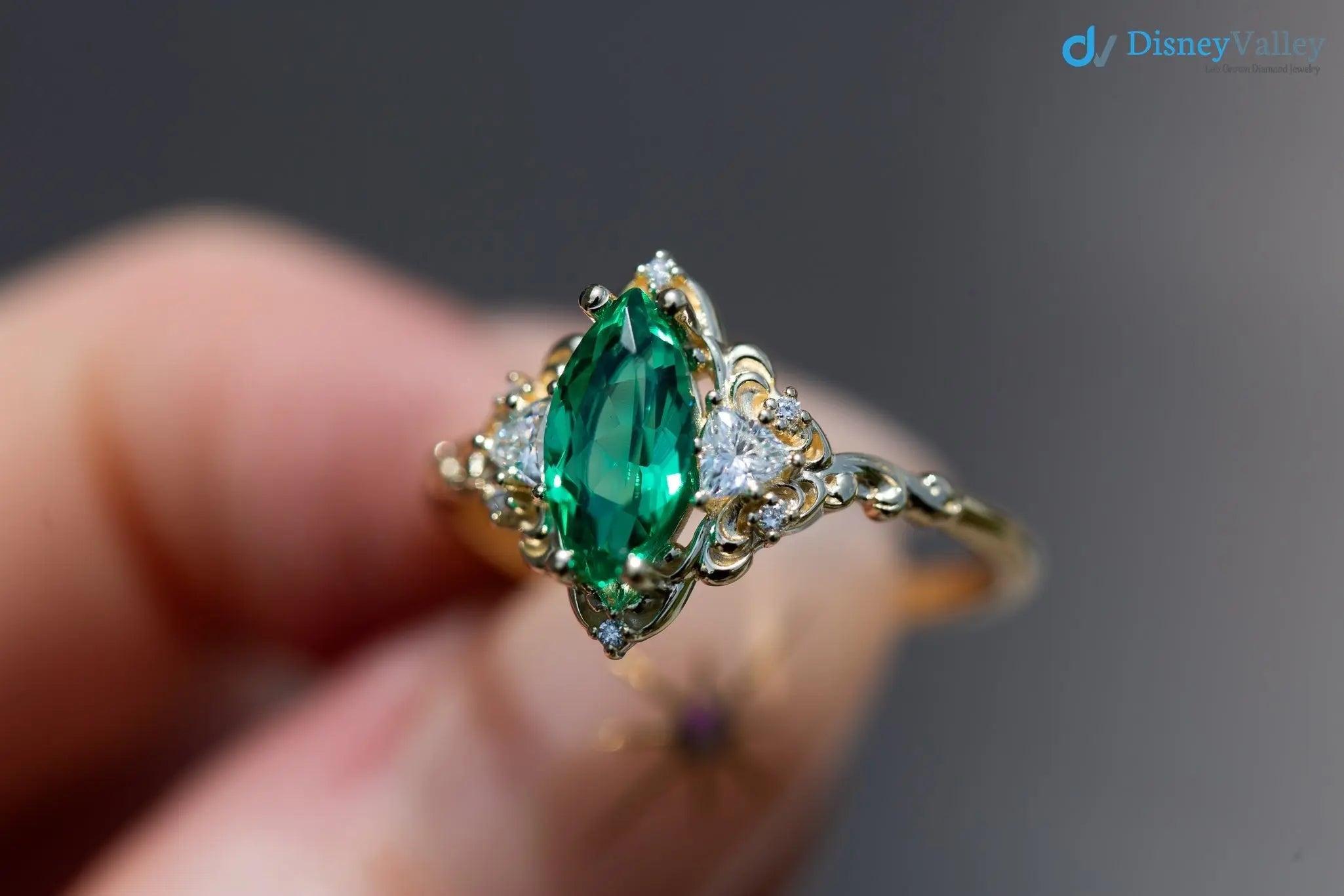 Marquise Cut Green Lab Grown Three stone Wedding Ring - DisneyValley