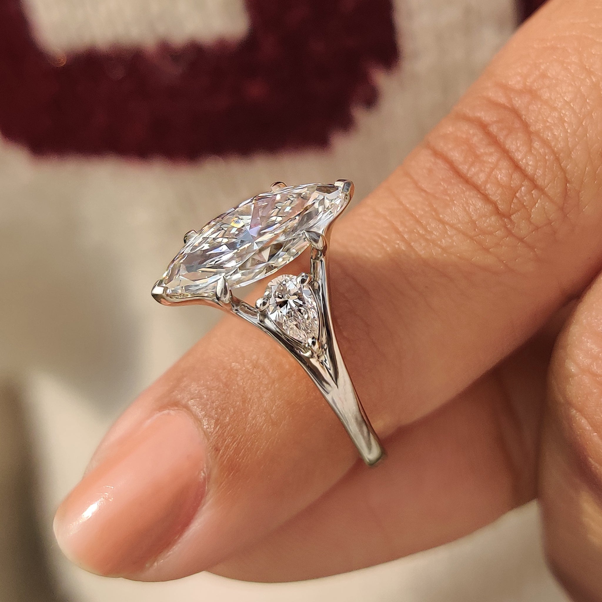 Three Stone Marquise Diamond Ring with Pear Side Diamond