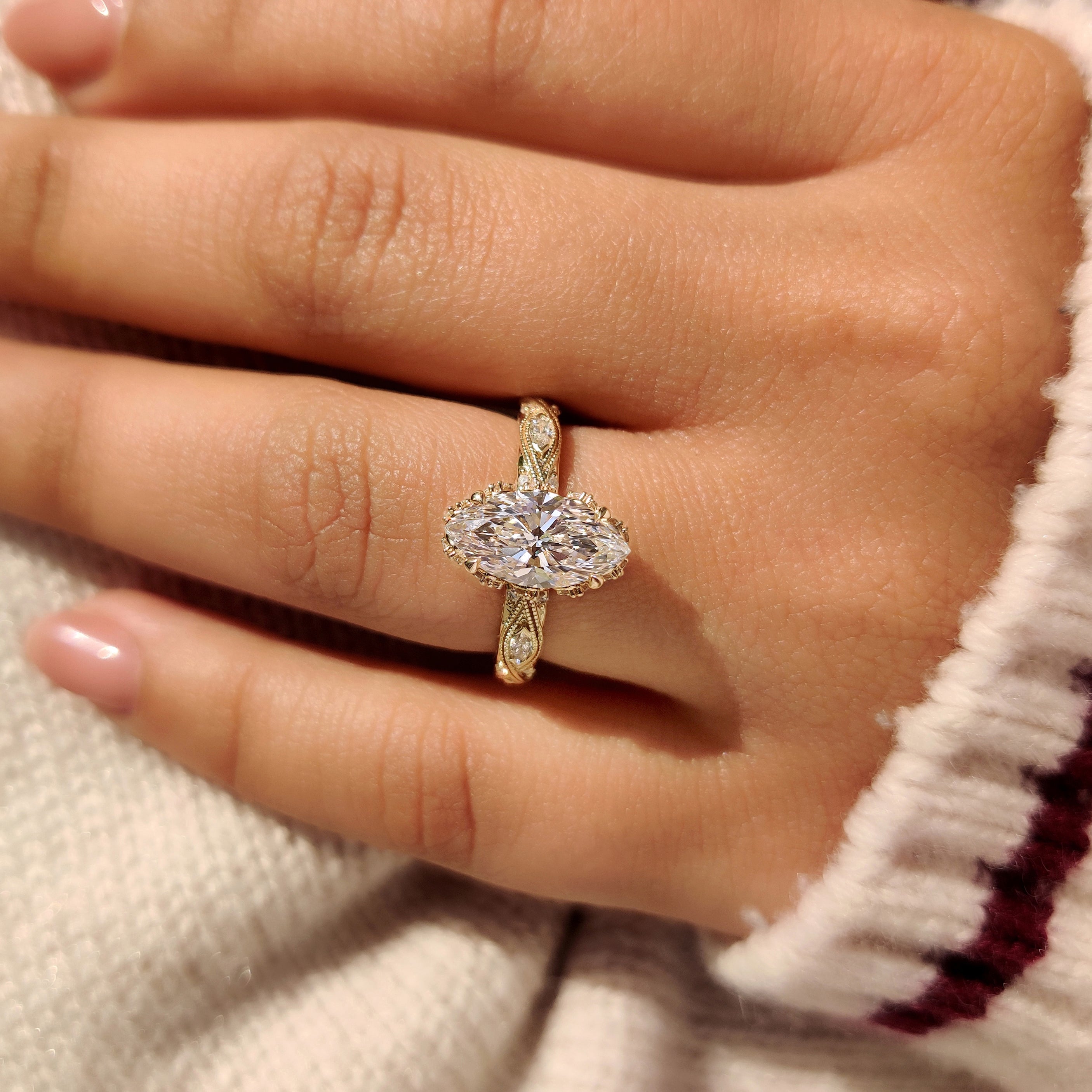 Marquise Cut Diamond Ring with Hidden Flower Crown