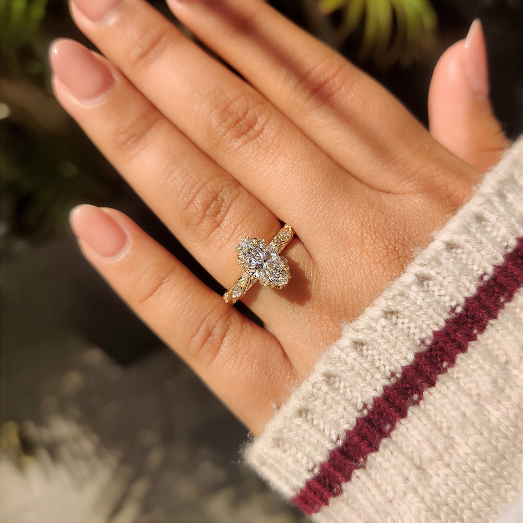 Marquise Cut Diamond Ring with Hidden Flower Crown