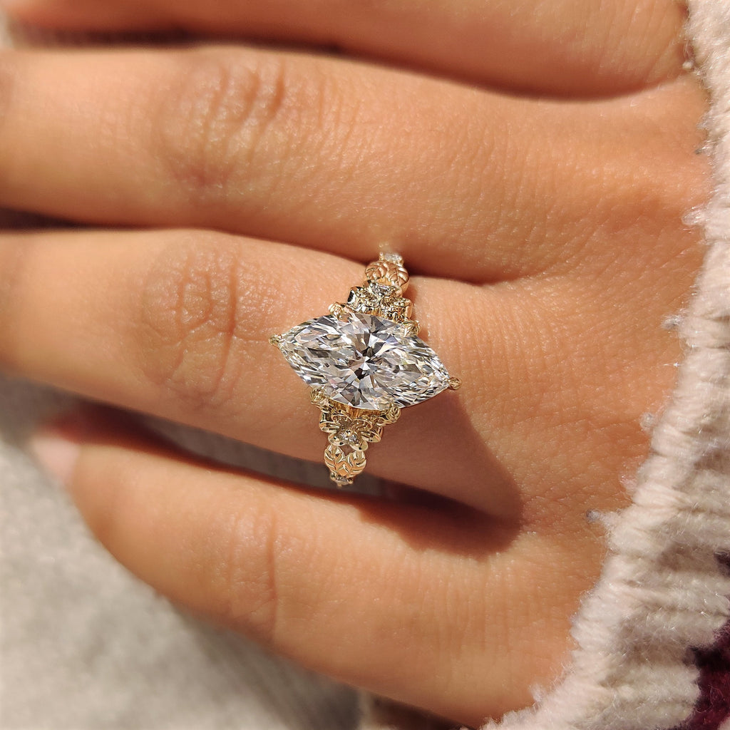 Flower Design Marquise Cut Diamond Ring In Vintage Style
