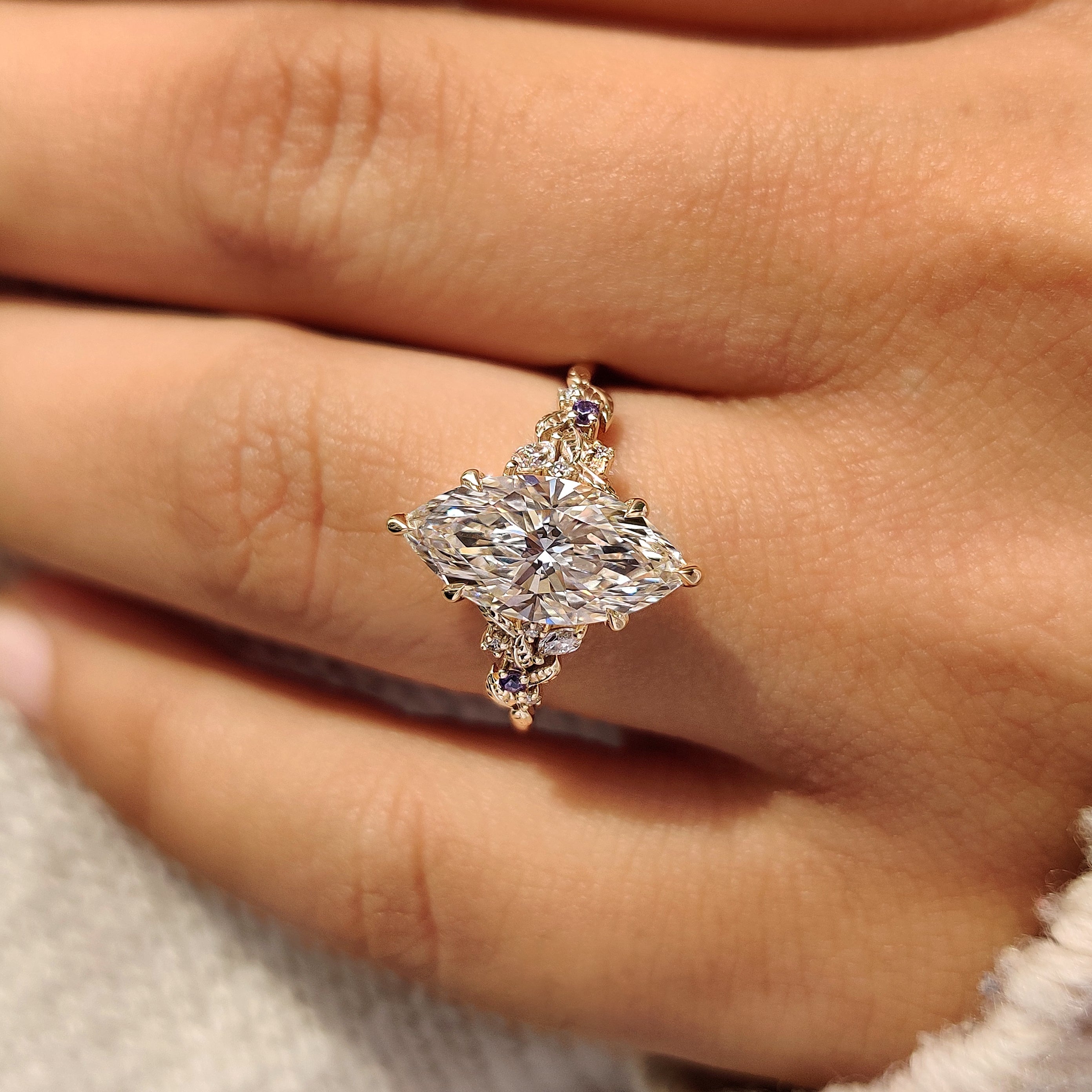 Marquise Diamond Ring in Nature Inspired Style with Amethyst Gemstone Secondary image