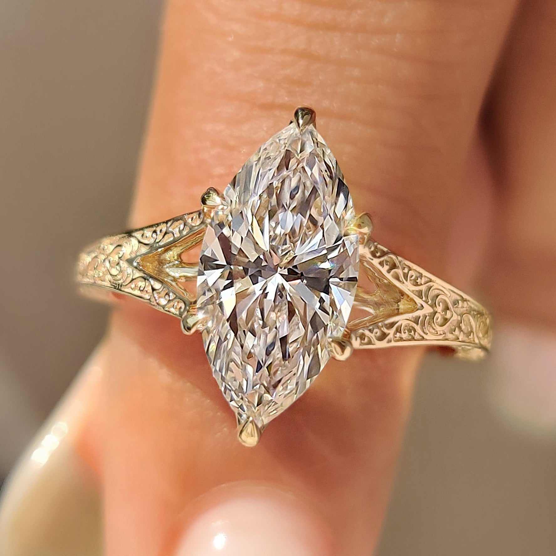 Marquise Cut Vintage Diamond Ring with Filigree Details