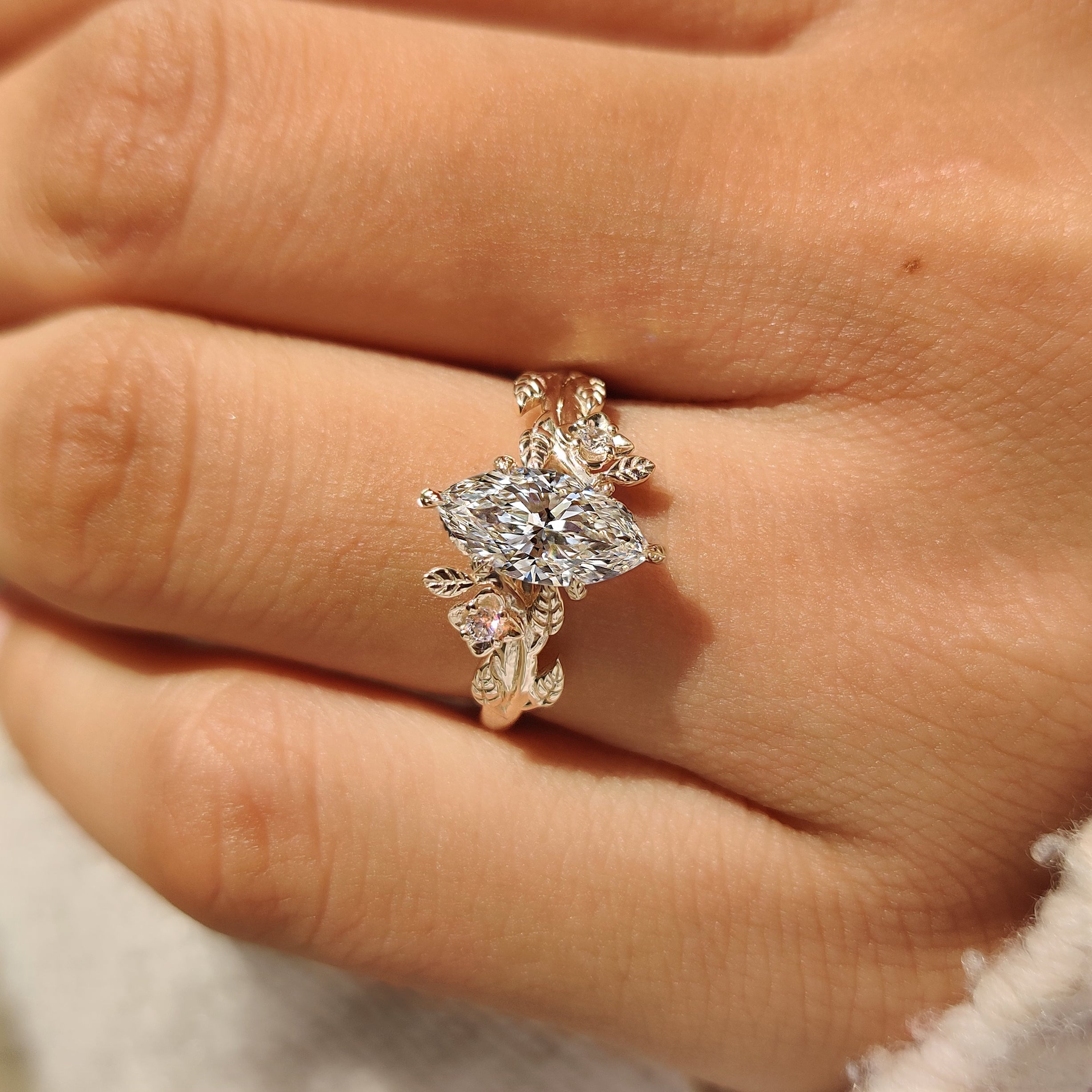 Nature Inspired Marquise Cut Engagement Ring with Round Side Stone Secondary image