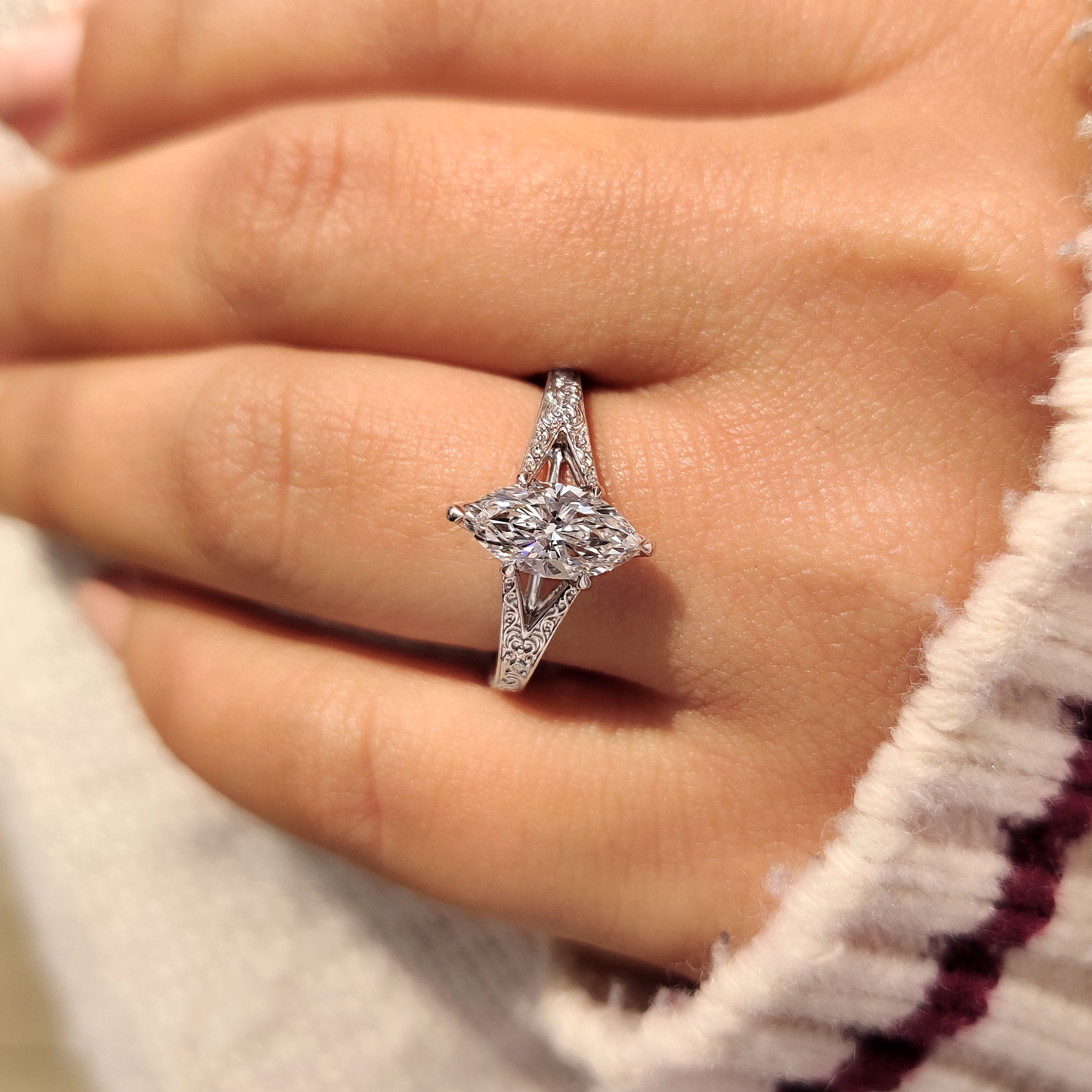 Split Shank Marquise Cut Engagement Ring in Solitaire Style