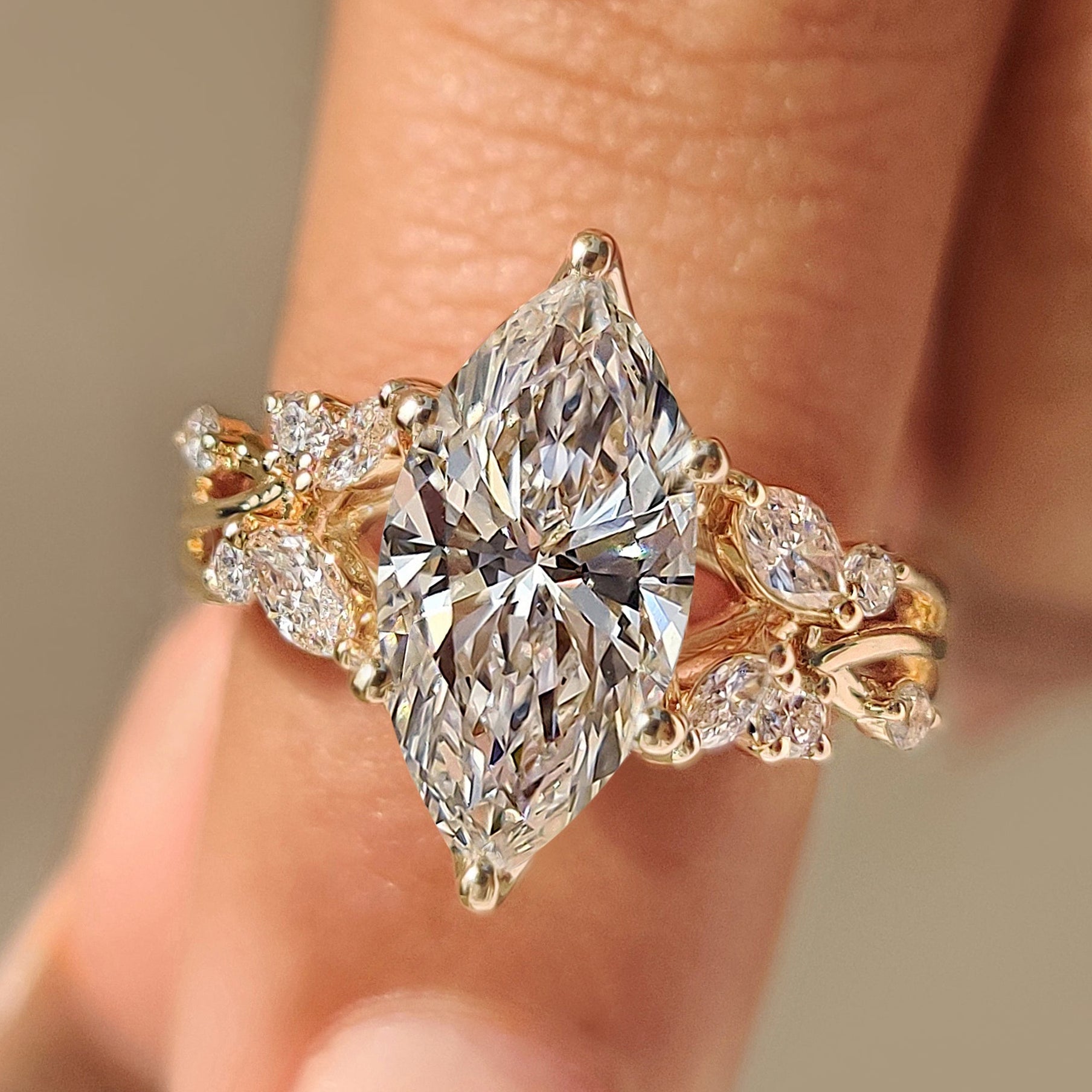 Marquise Diamond Nature Inspired Engagement Ring in Tulip Setting Main image