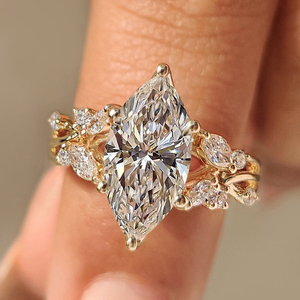 Marquise Diamond Nature Inspired Engagement Ring in Tulip Setting