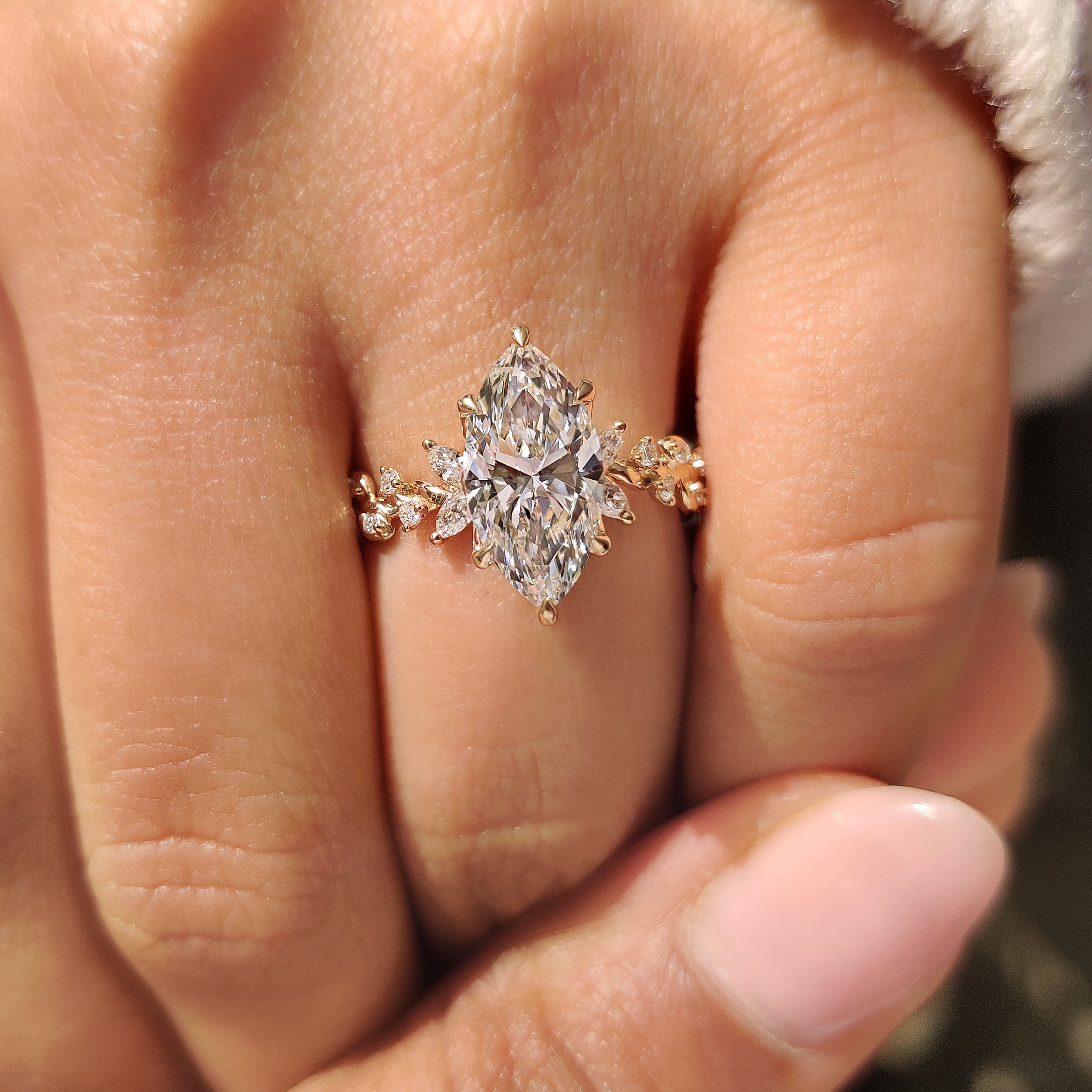 Marquise Diamond Ring in Nature Inspired Setting