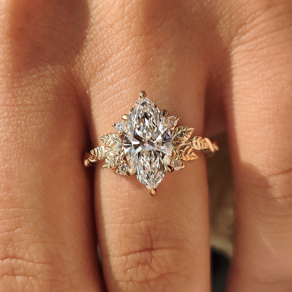 Marquise Diamond Nature Inspired Engagement Ring with Leaf Details