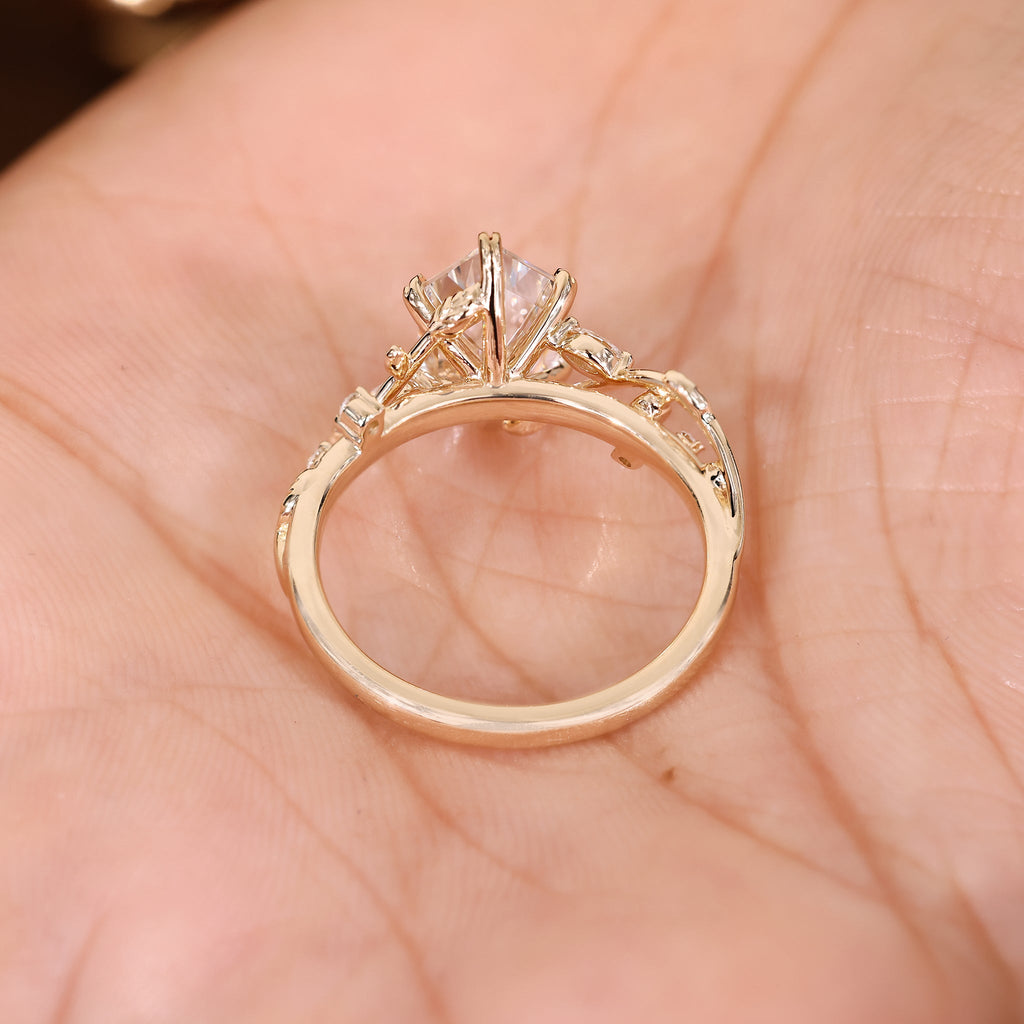 Nature Inspired Ring with Elongated Hexagon Step Cut Diamond