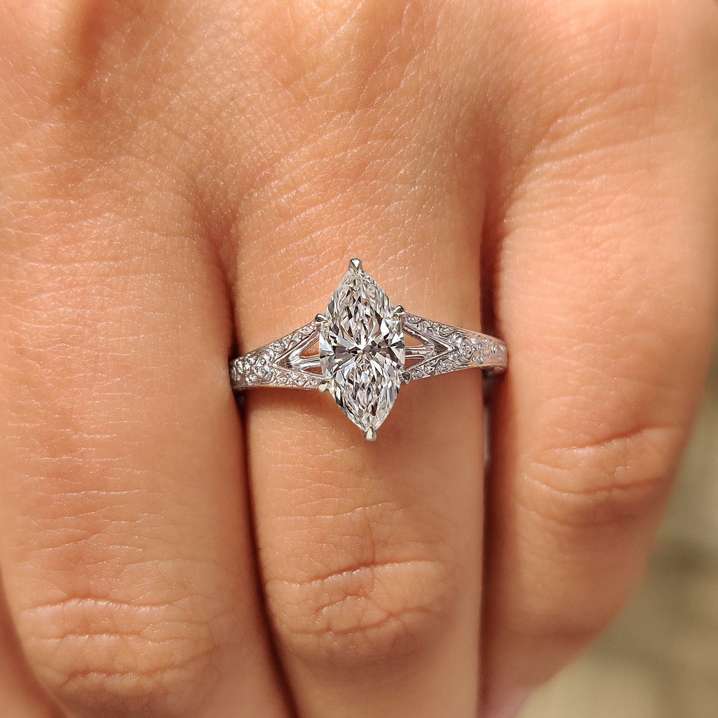 Split Shank Marquise Cut Engagement Ring in Solitaire Style