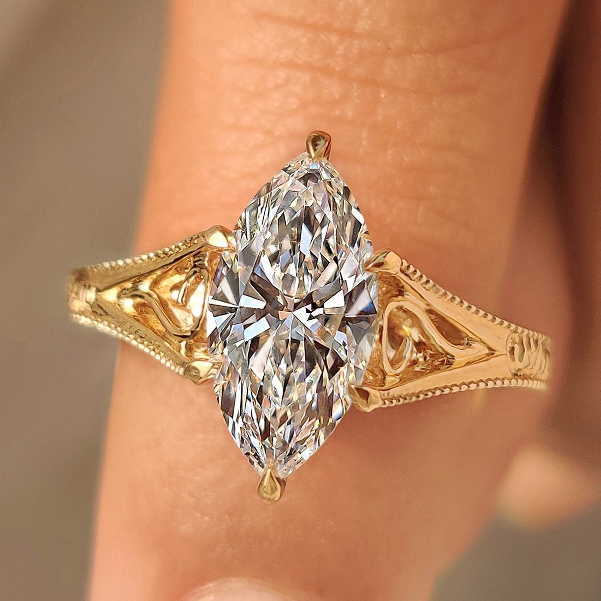 Solitaire Style Marquise Cut Diamond Ring in Milgrain Details Main image