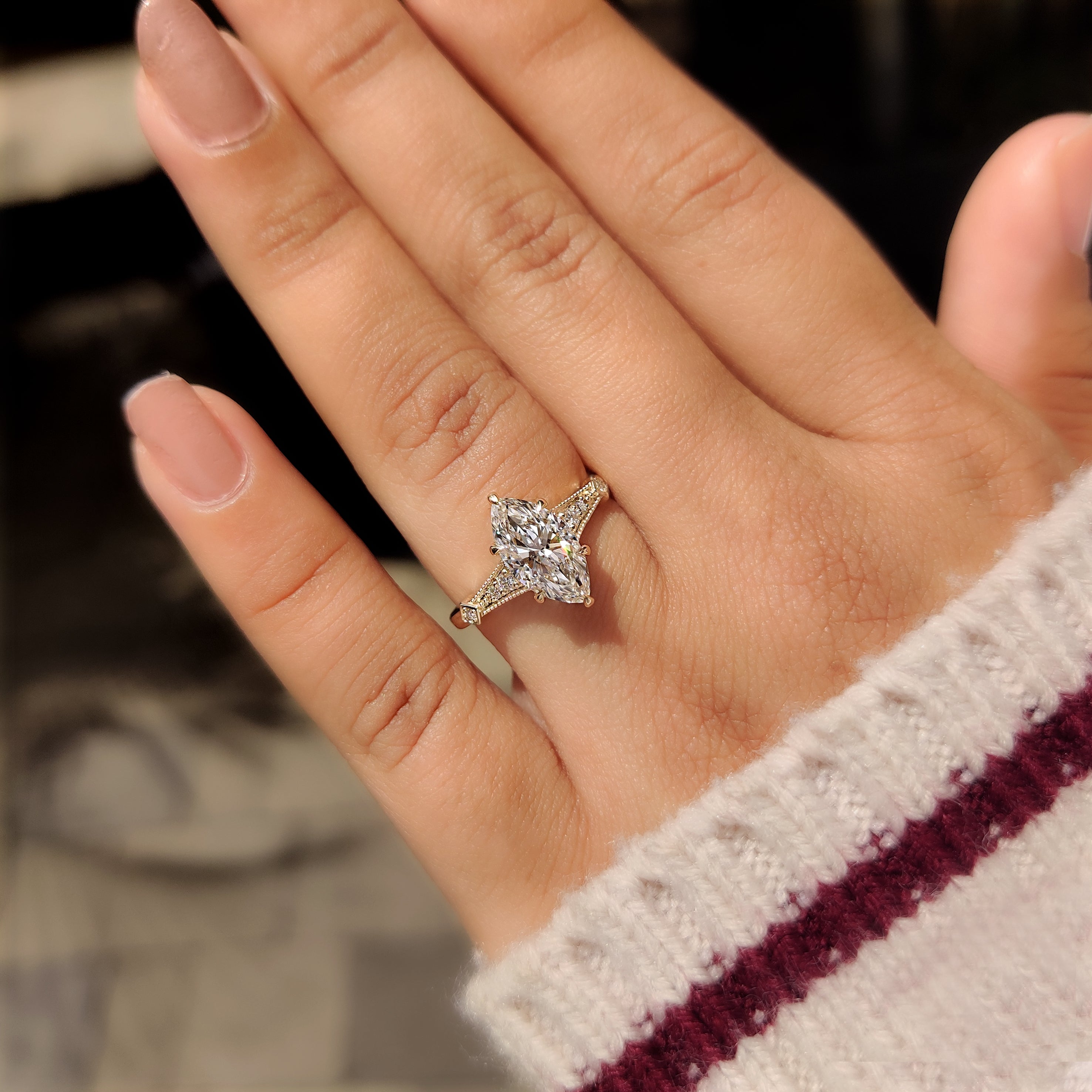 Marquise Cut Diamond Ring in Milgrain Details