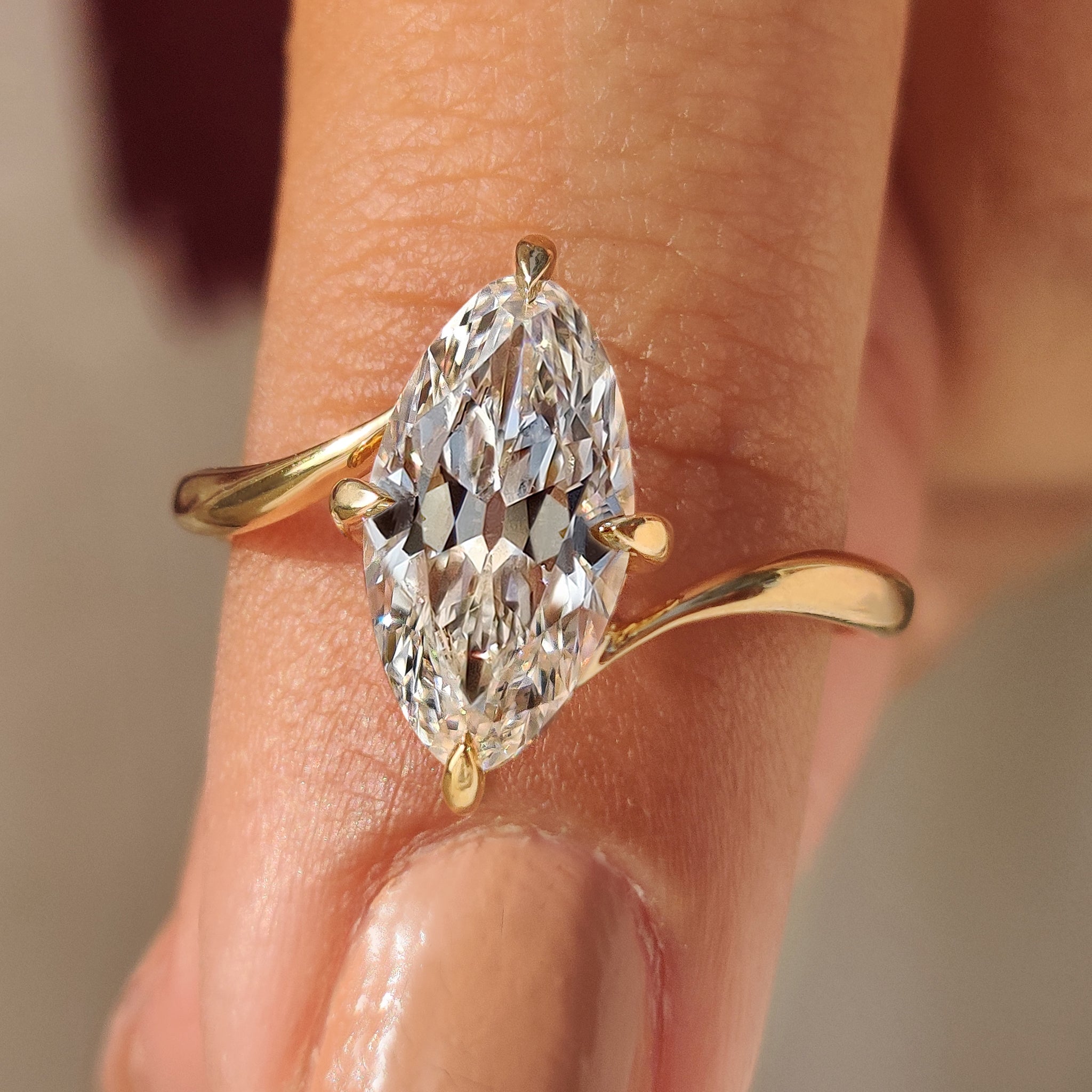 Old European cut Marquise Diamond Ring in Bypass Setting