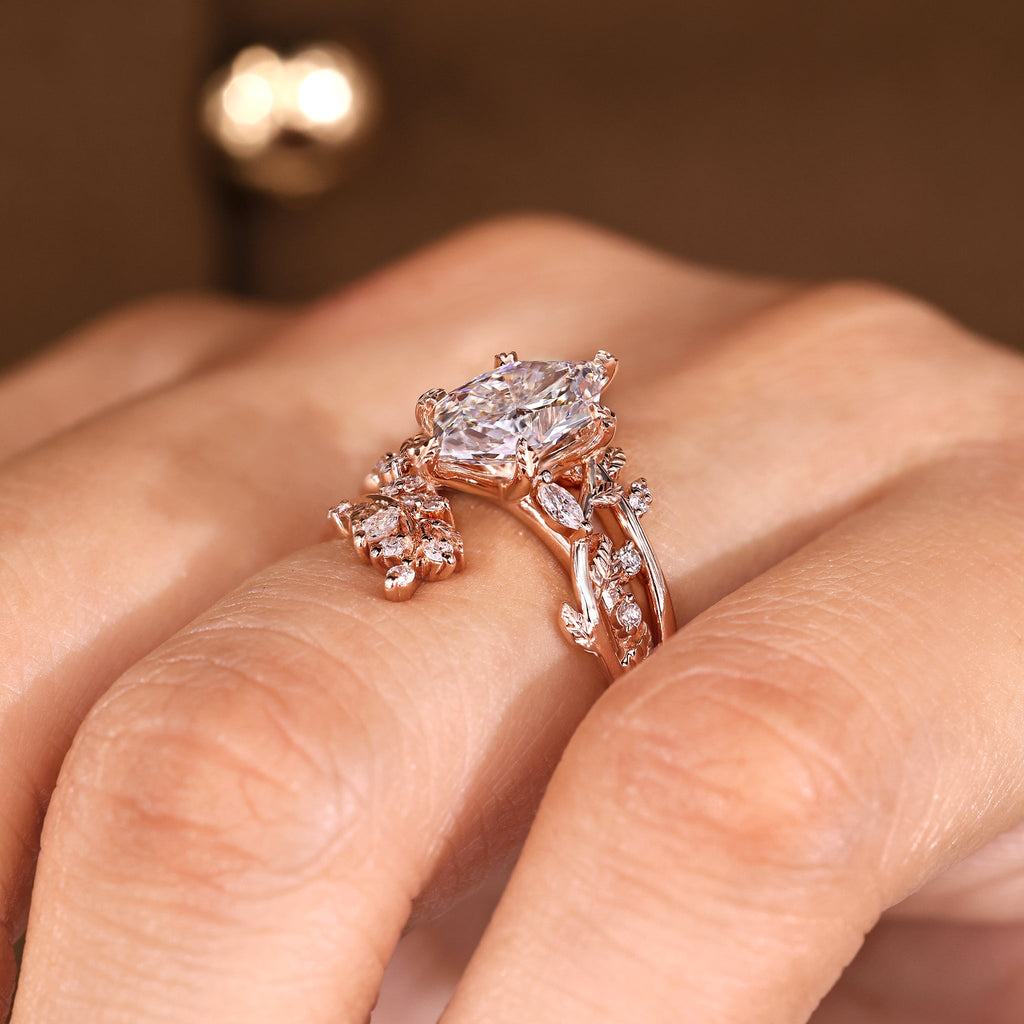 Dutch Marquise Ring with Enhancer Band Nature Inspired Bridal Set