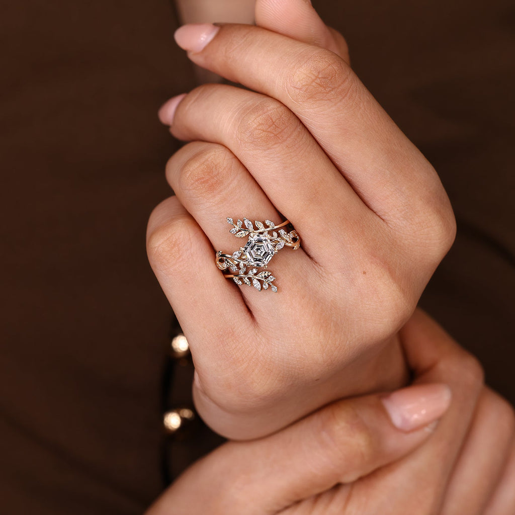 Hexagon Engagement Ring With Wedding Band In Nature Inspired Style
