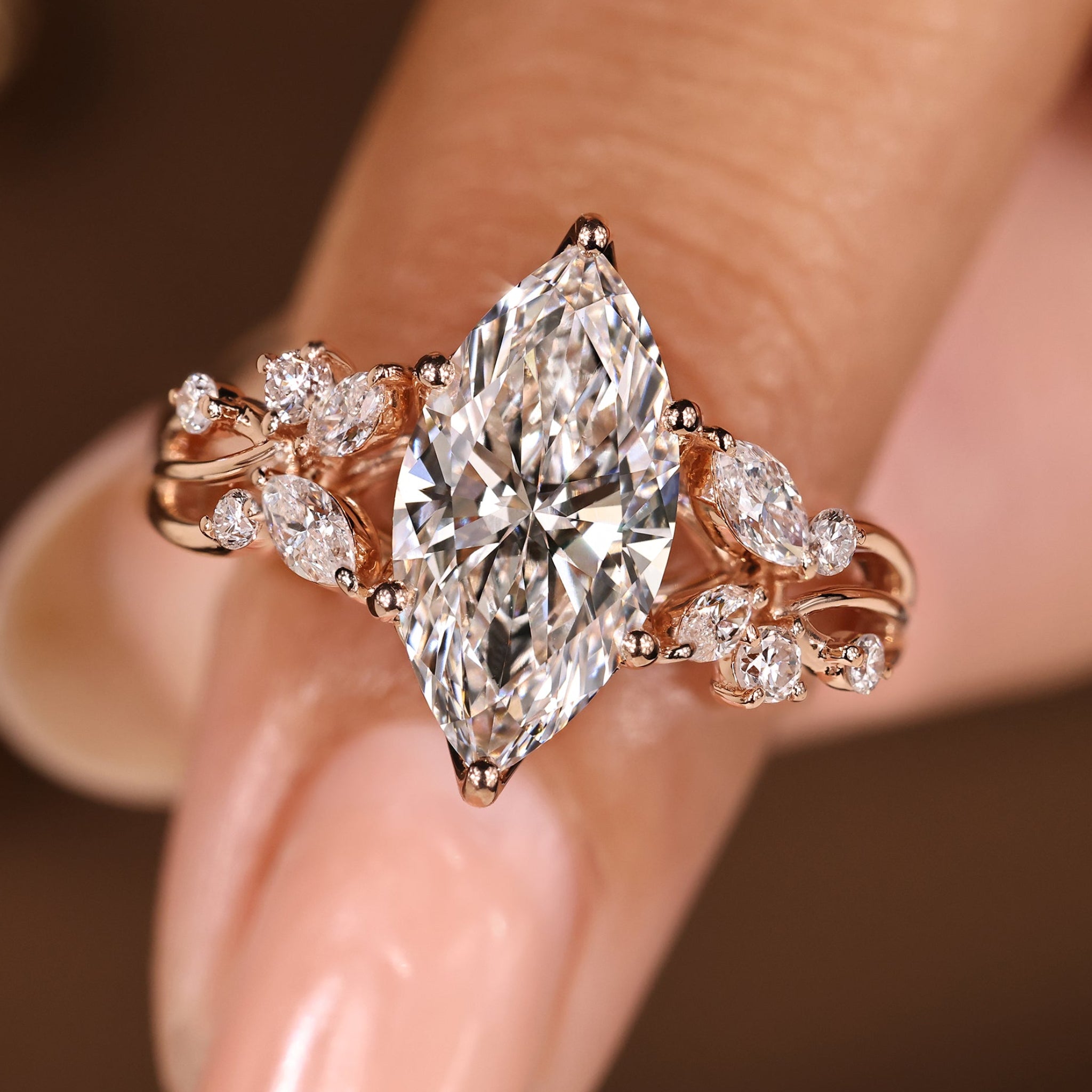 Marquise Diamond Ring in Nature Inspired Style