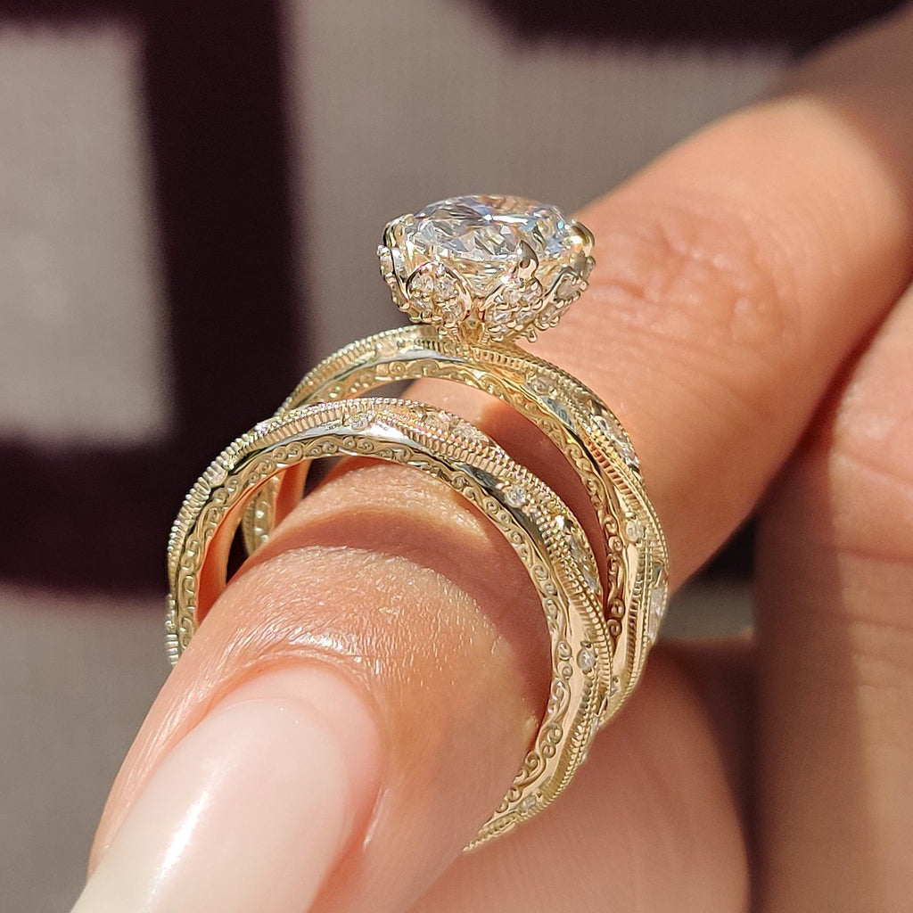 Oval Cut Ring with Eternity Band Vintage Bridal Set in Milgrain Details