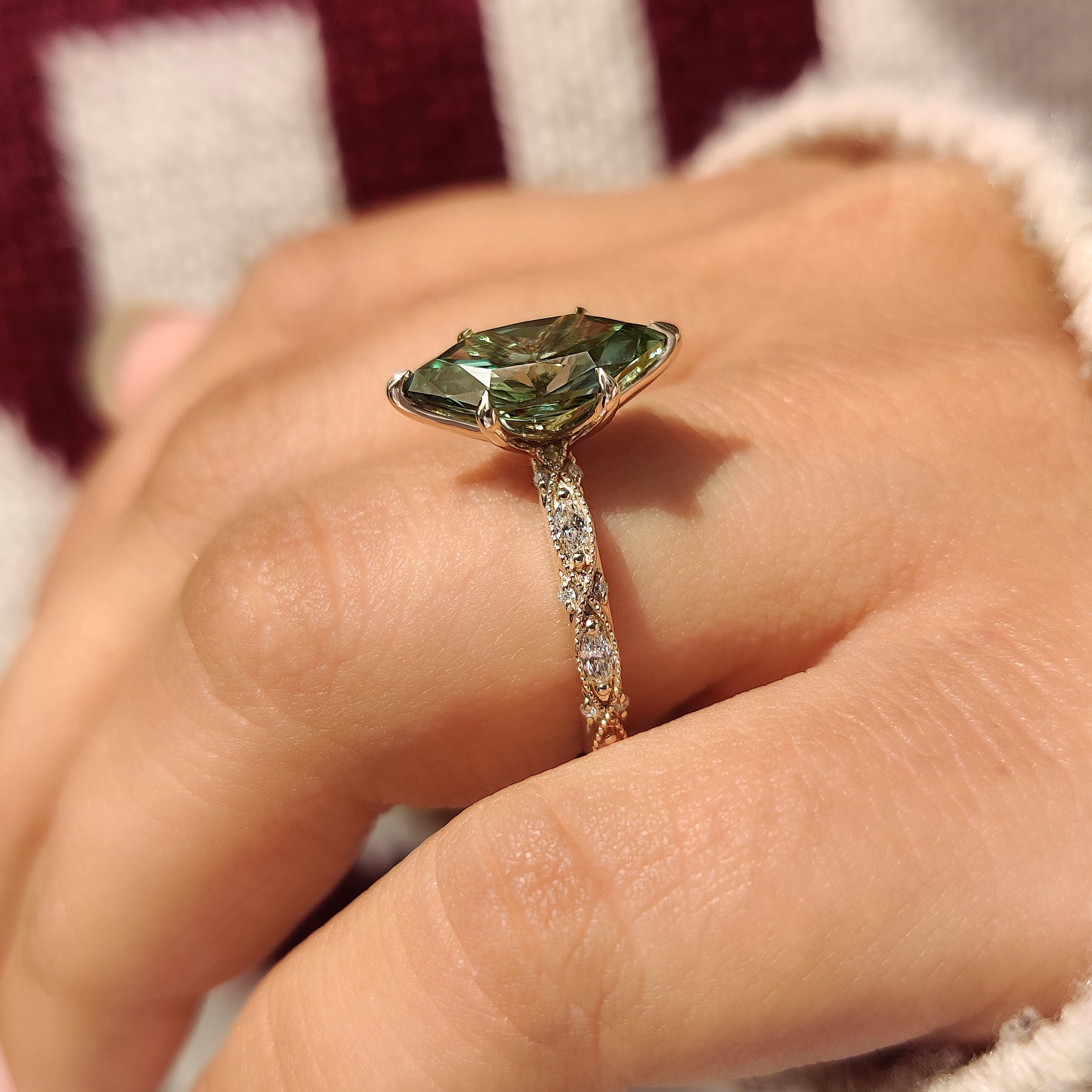 Green Dutch Marquise Engagement Ring with Milgrain Details