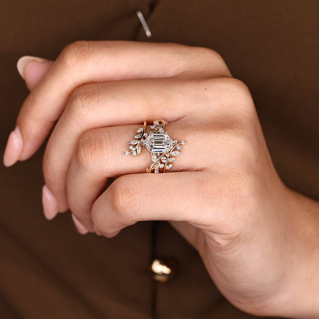 Hexagon Step Engagement Ring With Wedding Band In Nature Inspired