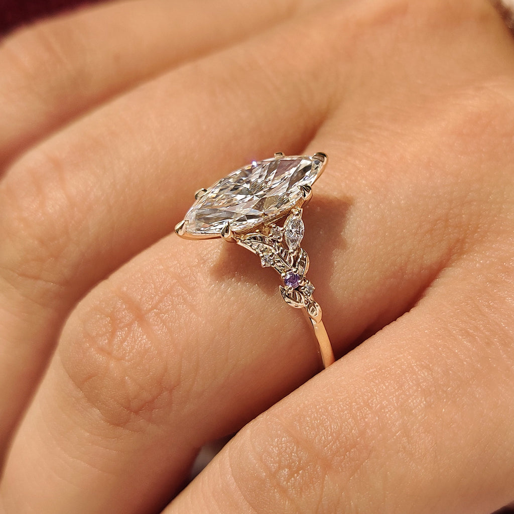 Marquise Diamond Ring in Nature Inspired Style with Amethyst Gemstone