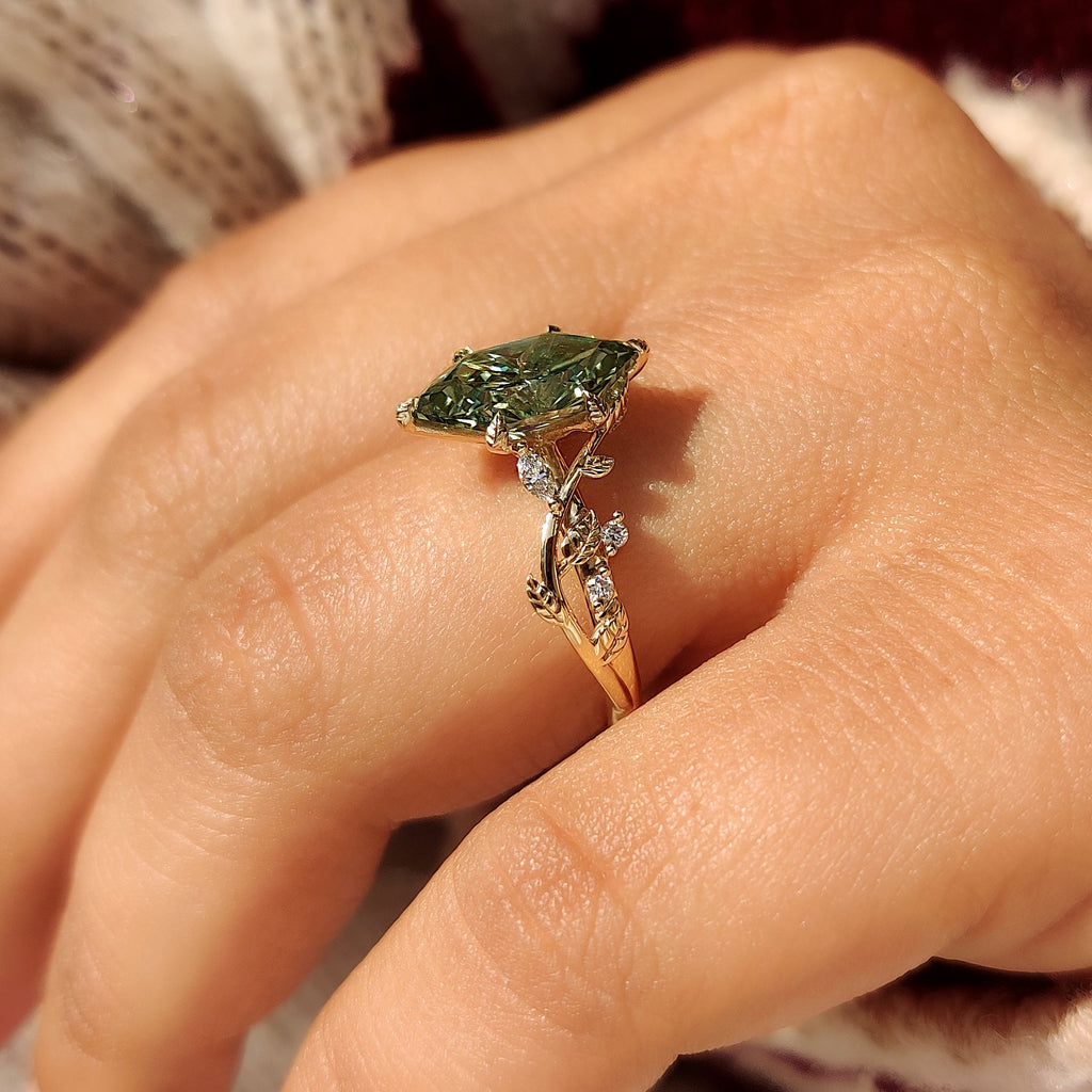 Green Dutch Marquise Engagement Ring in Leaf Details