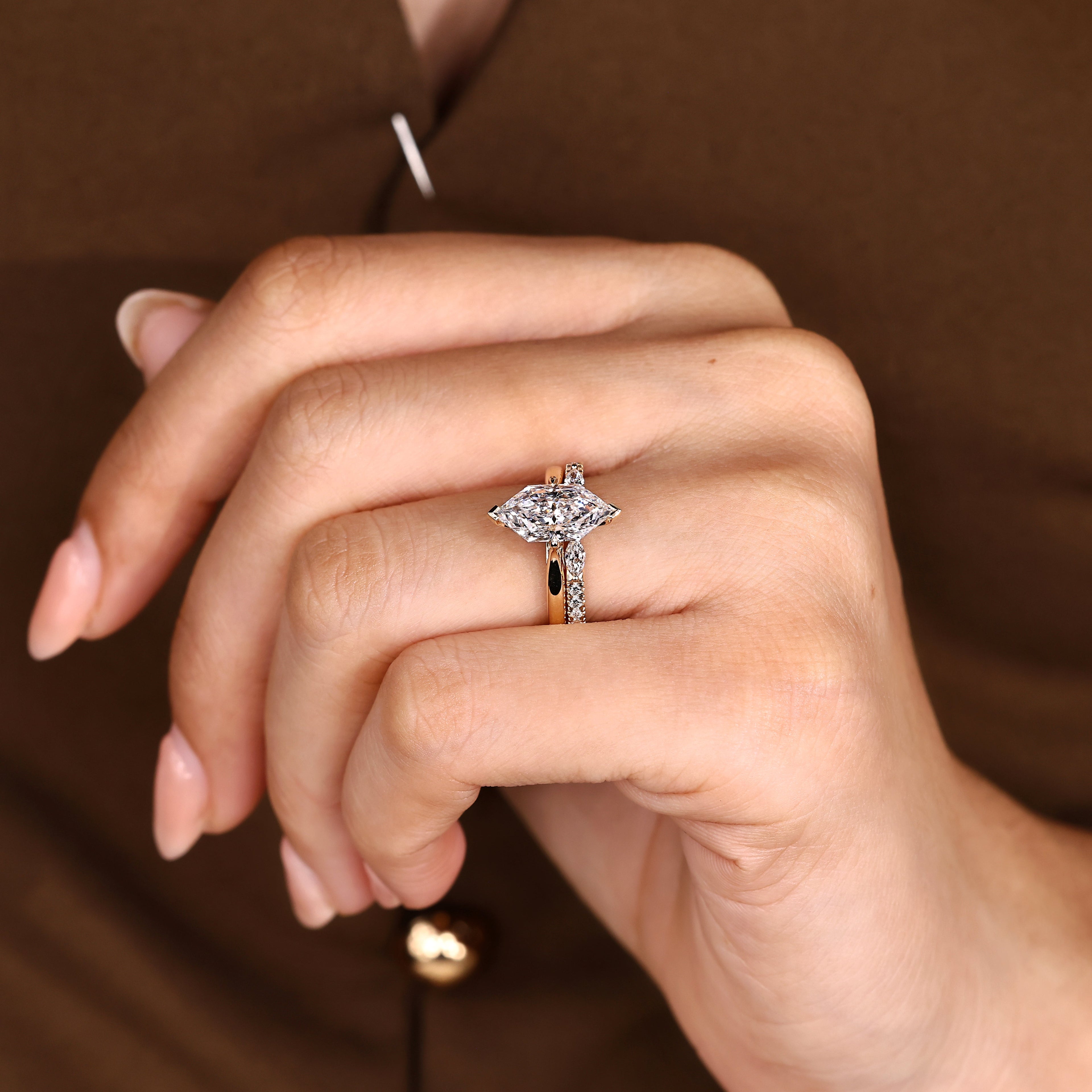 Dutch Marquise Ring with Wedding Band in Solitaire Bridal Set Style