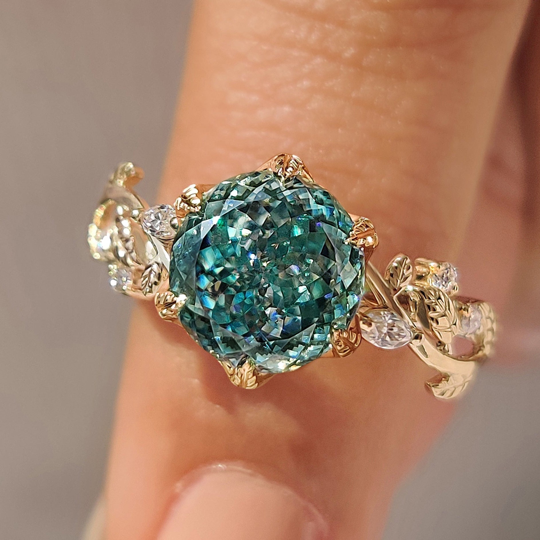 Nature Inspired Cyan Blue Portuguese Cut Moissanite Ring in Tulip Setting Main image