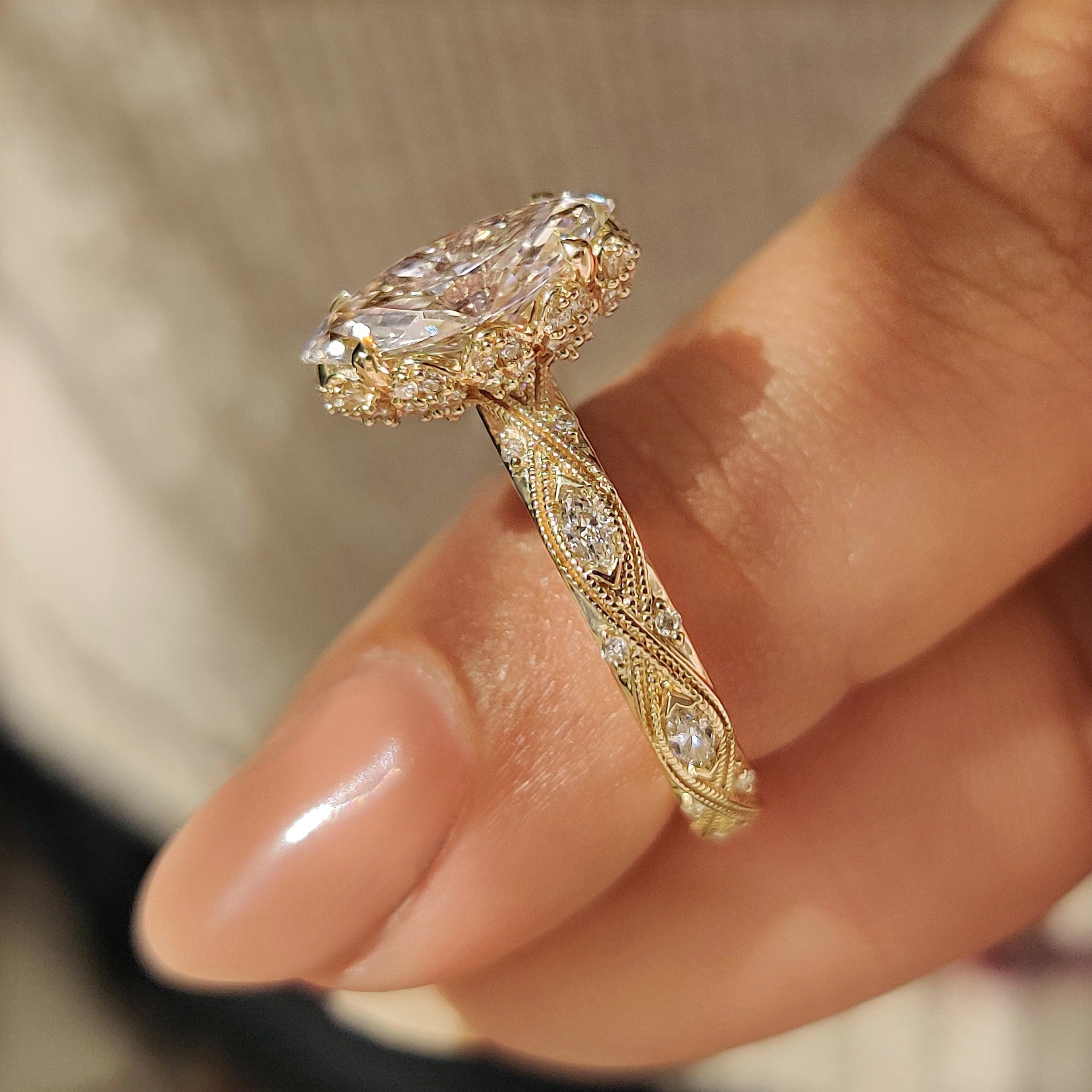 Marquise Cut Diamond Ring with Hidden Flower Crown
